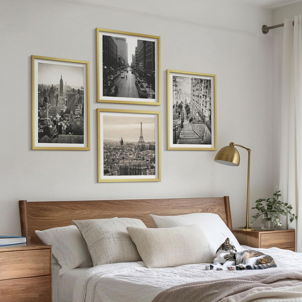BILDER SET 4er Set - 50x50 cm & 40x60 cm Goldrahmen - Aussicht Paris New York Treppen - Goldfarben, Kunststoff (50/50cm) - TULUP