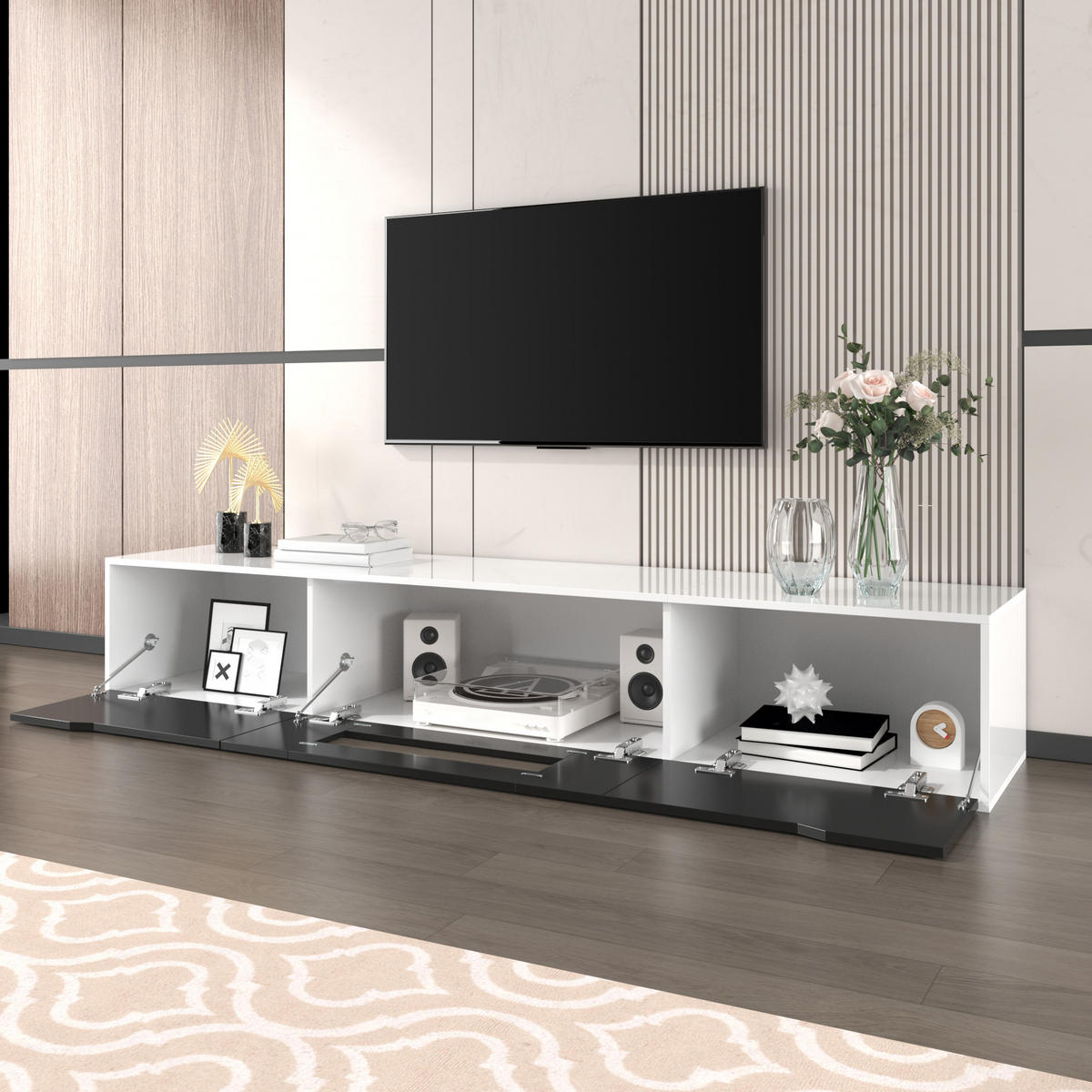 TV-ELEMENT180CM Schwarz Weiß Hochglanz mit 16FarbenLED Rillendesign - Weiß, Holz (46/17/142cm) - Raelunyi