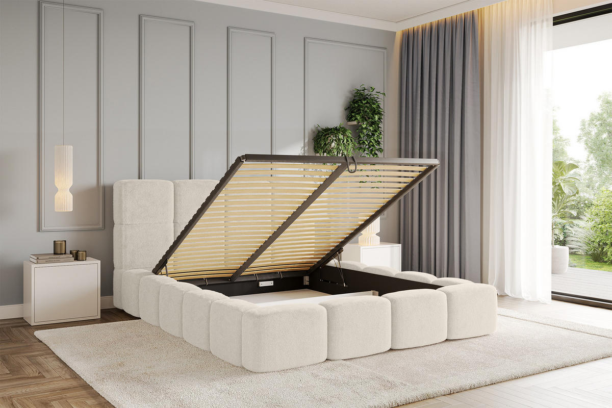 POLSTERBETT mit Bettkasten und Lattenrost mit Kopfteil, Boxbett ohne Matratze, mit Stauraum - NATA 140x200 Hellbeige - Beige, Holzwerkstoff/Textil (140/200cm) - ALTDECOR