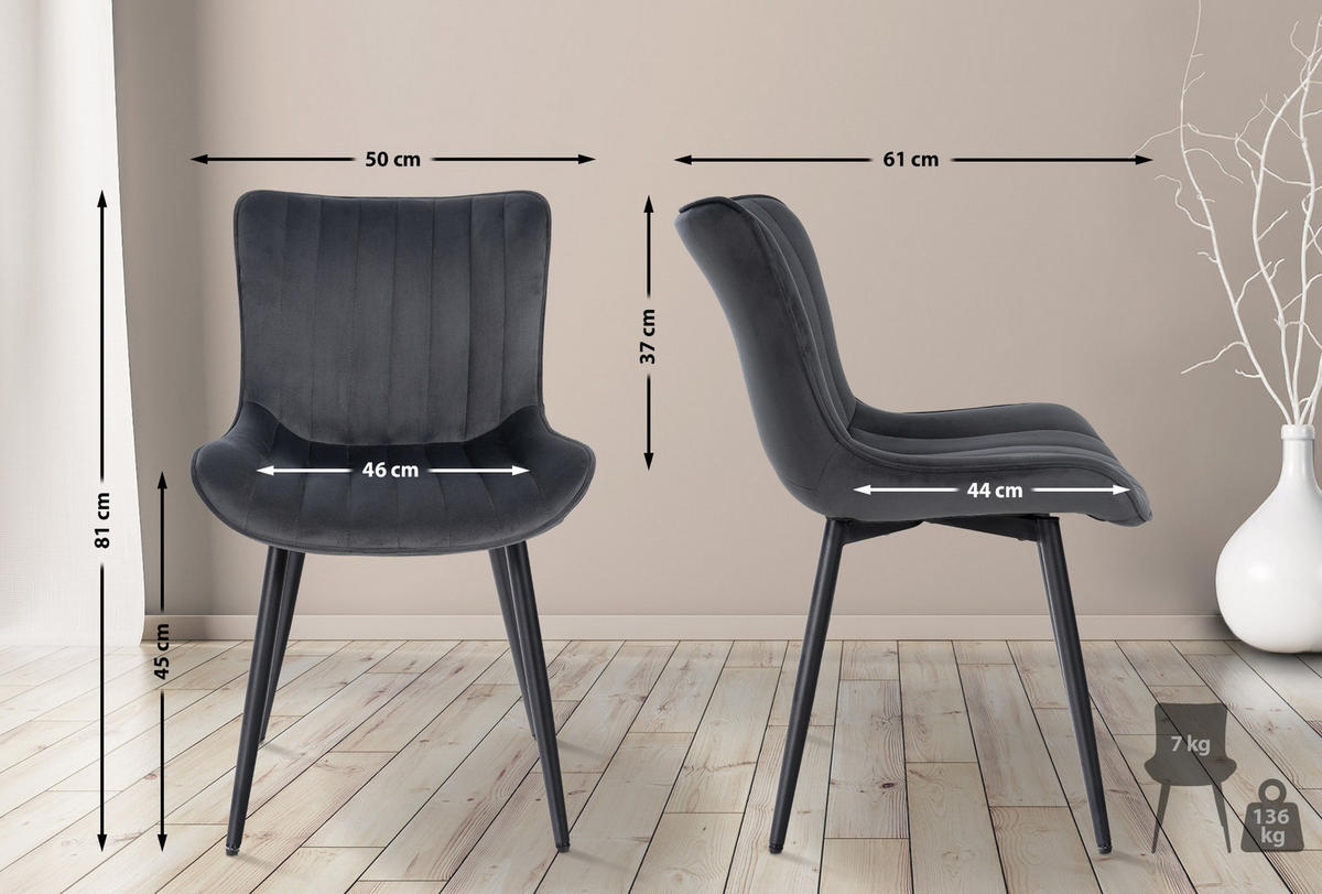 STUHL Samt dunkelgrau - Dunkelgrau/Schwarz, Textil/Metall (50/81/61cm) - CLP