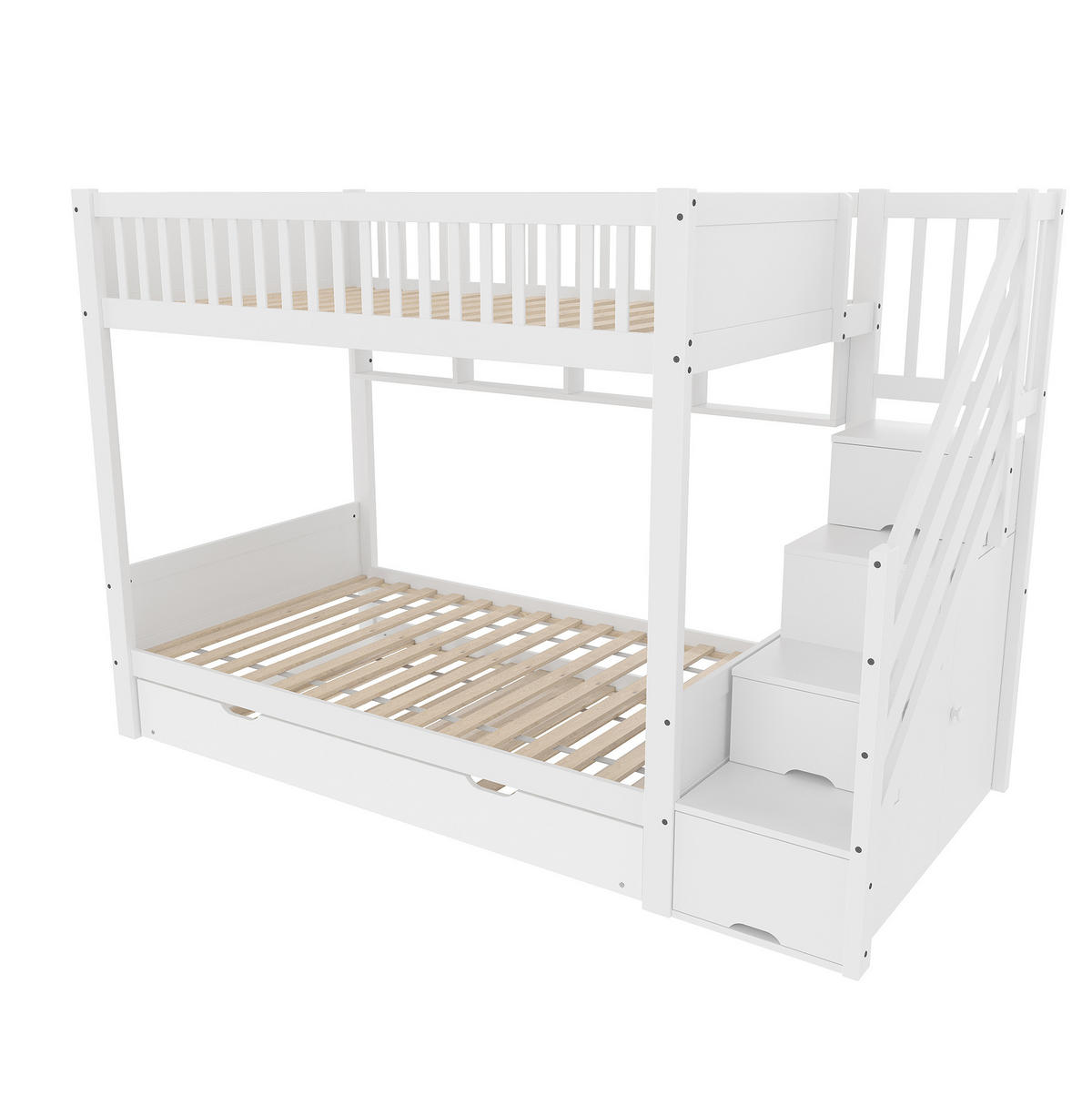 ETAGENBETT 90/200 cm mit Ausziehbett, Kleiderschrank, Regal und Stauraumtreppe aus Kiefern , Weiß - Weiß, Holzwerkstoff (90/200cm) - Redom