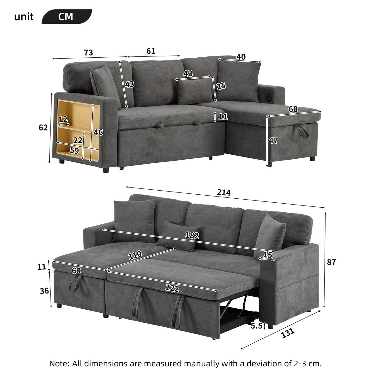 ECKSOFA mit Schlaffunktion und integriertem USB-Anschluss Dunkelgrau Oxford-Stoff 214/131/87 cm - Dunkelgrau, Textil (215/131cm) - OKWISH