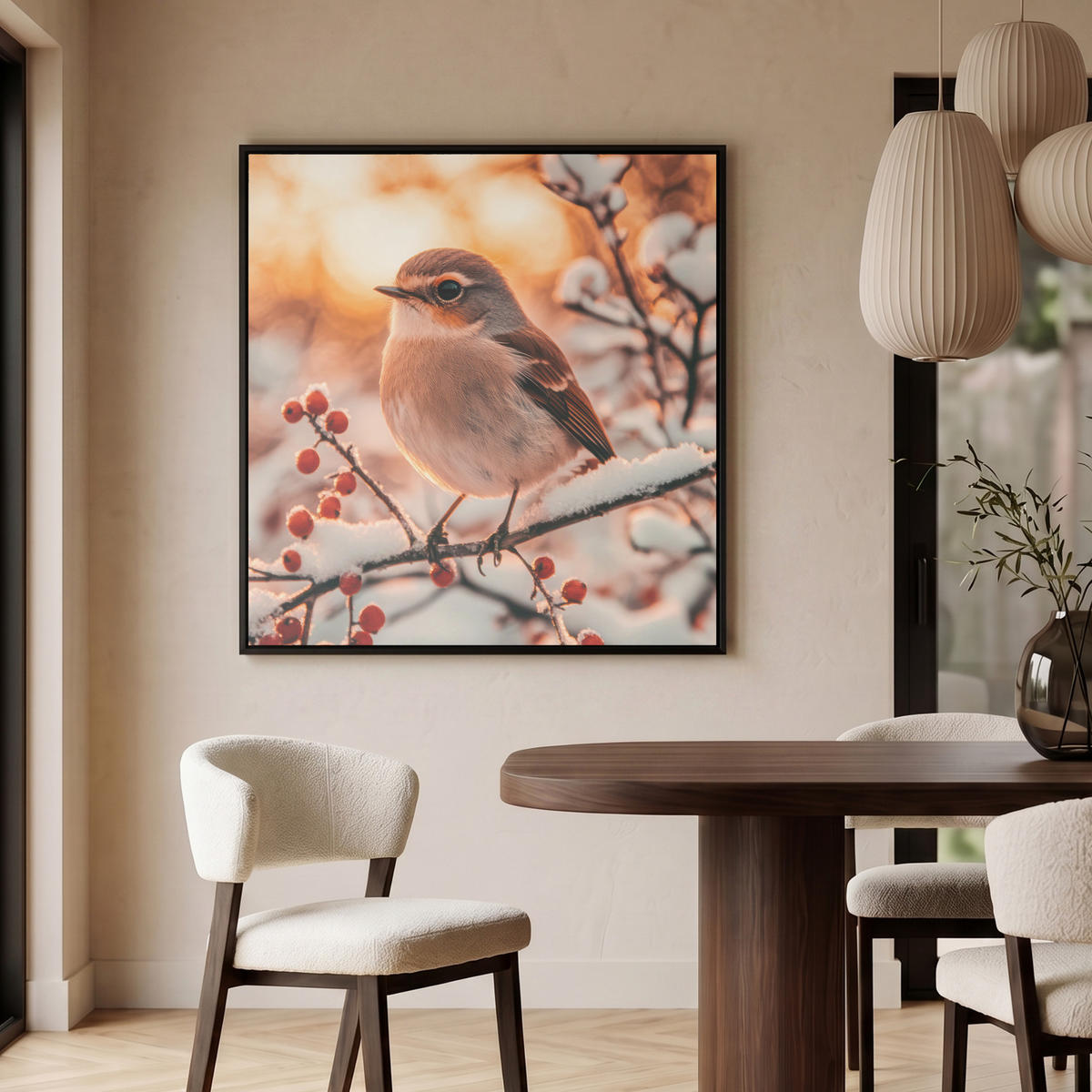 LEINWAND Bilder mit Rahmen - Vogel - Zweig - Winter - Tiere - Schnee - 90x90 - Bernsteinfarben, Textil (90/90cm) - MuchoWow