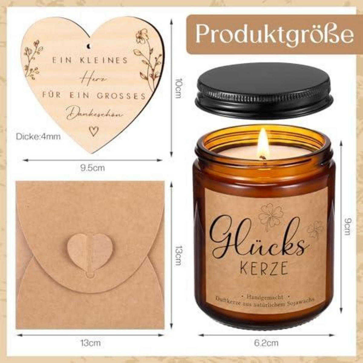 DUFTKERZE Glücks Kerze Sojawachs im Glas mit Spruch und Dankeskarte - Braun, Glas (10cm)