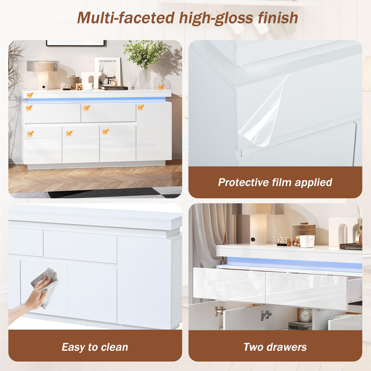 SIDEBOARD 140cm Hochglanz LED 4 Türen 2 Schubladen Weiß modern - Weiß, Holzwerkstoff (35/72.5/140cm) - FLIEKS