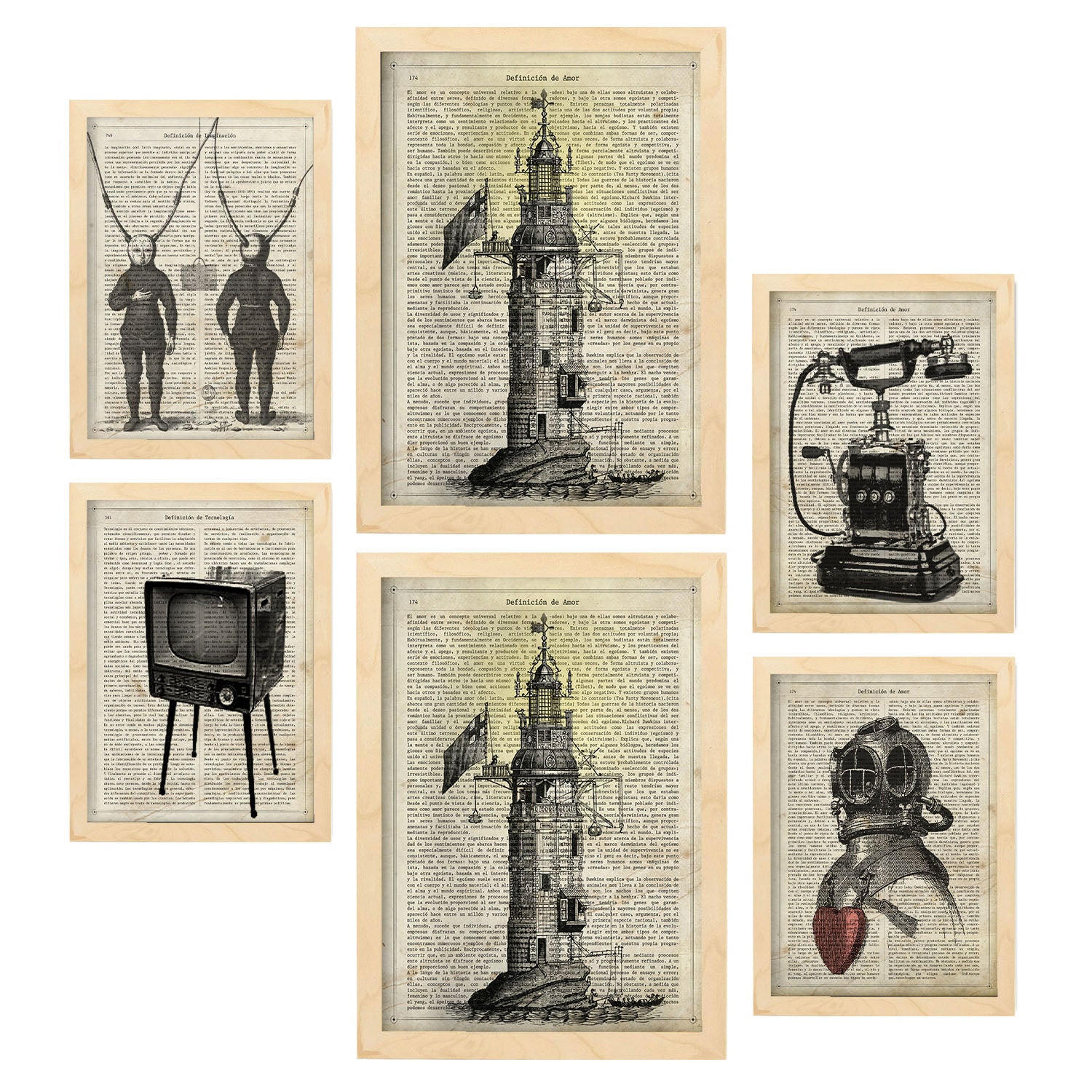 POSTER Set Mit 6 Jahrgang Vintage Papier Plakate Mit Enzyklopädie Revolutionäre Erfindungen Aus Dem Letzten Jahrhundert A3 & A4 Rahmen Aus Hellem Holz - Beige, Papier (29/3cm) - Nacnic