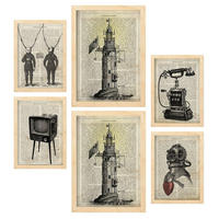 POSTER Set Mit 6 Jahrgang Vintage Papier Plakate Mit Enzyklopädie Revolutionäre Erfindungen Aus Dem Letzten Jahrhundert A3 & A4 Rahmen Aus Hellem Holz - Beige, Papier (29/3cm) - Nacnic