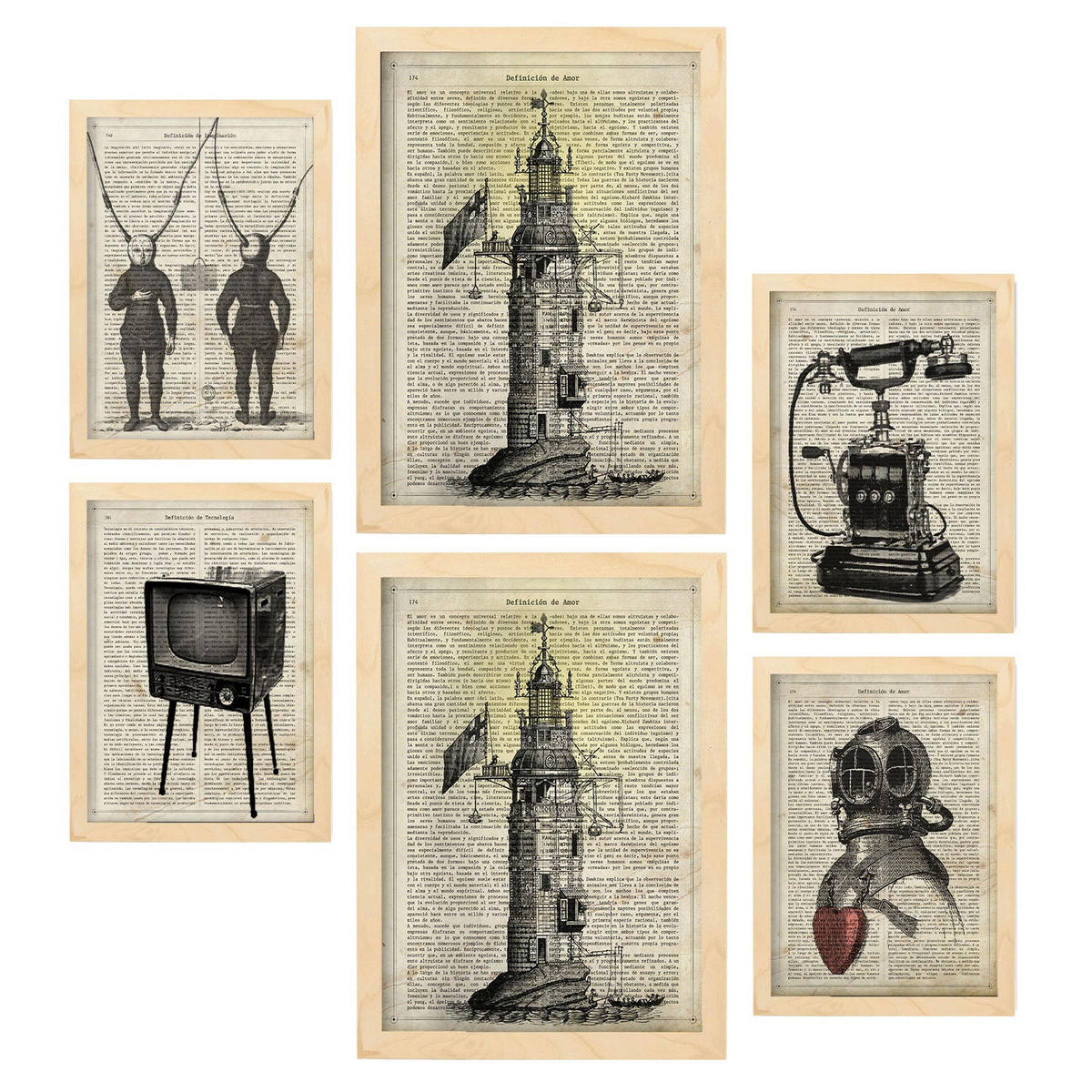 POSTER Set Mit 6 Jahrgang Vintage Papier Plakate Mit Enzyklopädie Revolutionäre Erfindungen Aus Dem Letzten Jahrhundert A3 & A4 Rahmen Aus Hellem Holz - Beige, Papier (29/3cm) - Nacnic