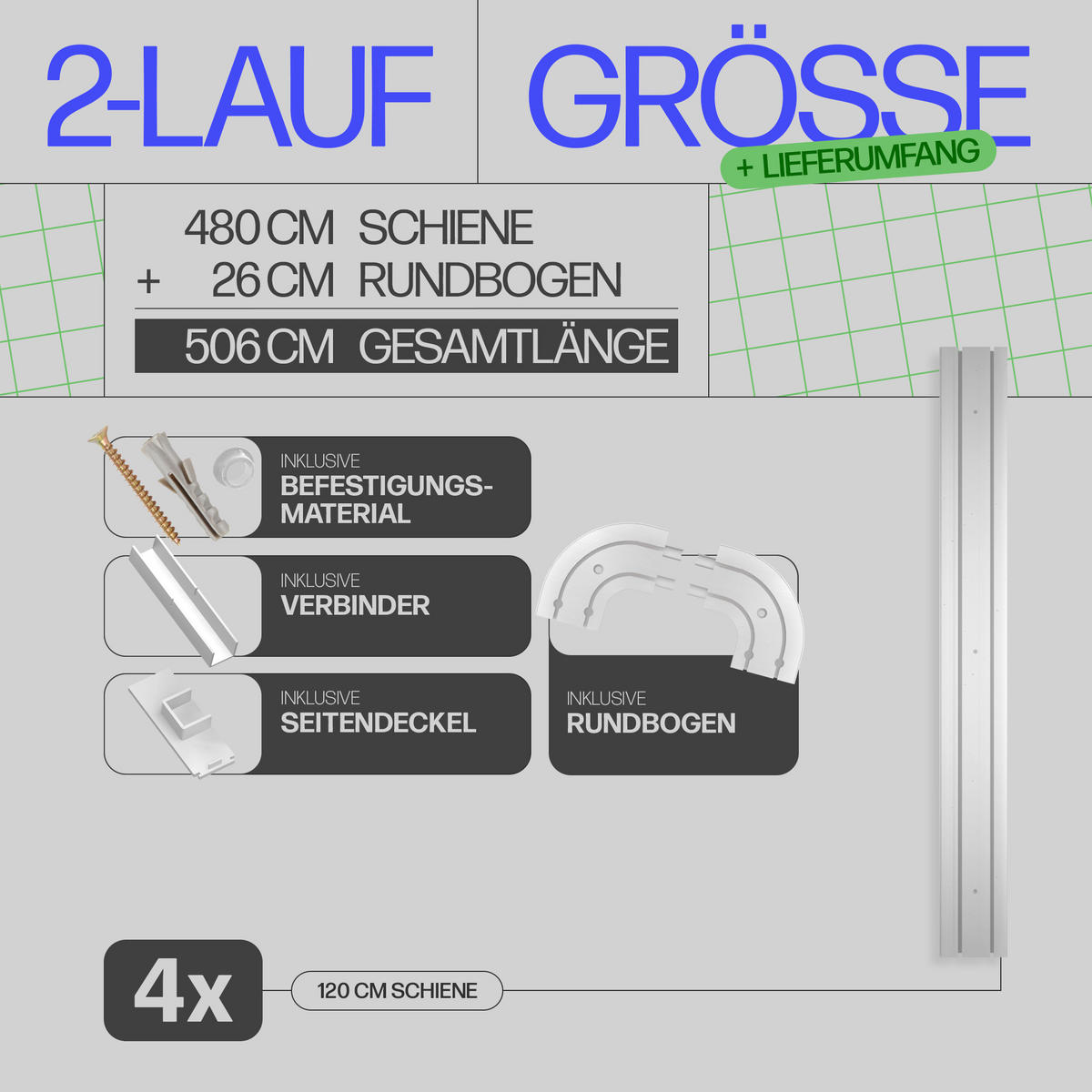 GARDINENSCHIENE - Komplettset inkl. Zubehör 480cm (4x120cm) 2-läufig + 2er Set Rundbogen - Weiß, Kunststoff (10/480cm) - Bestlivings