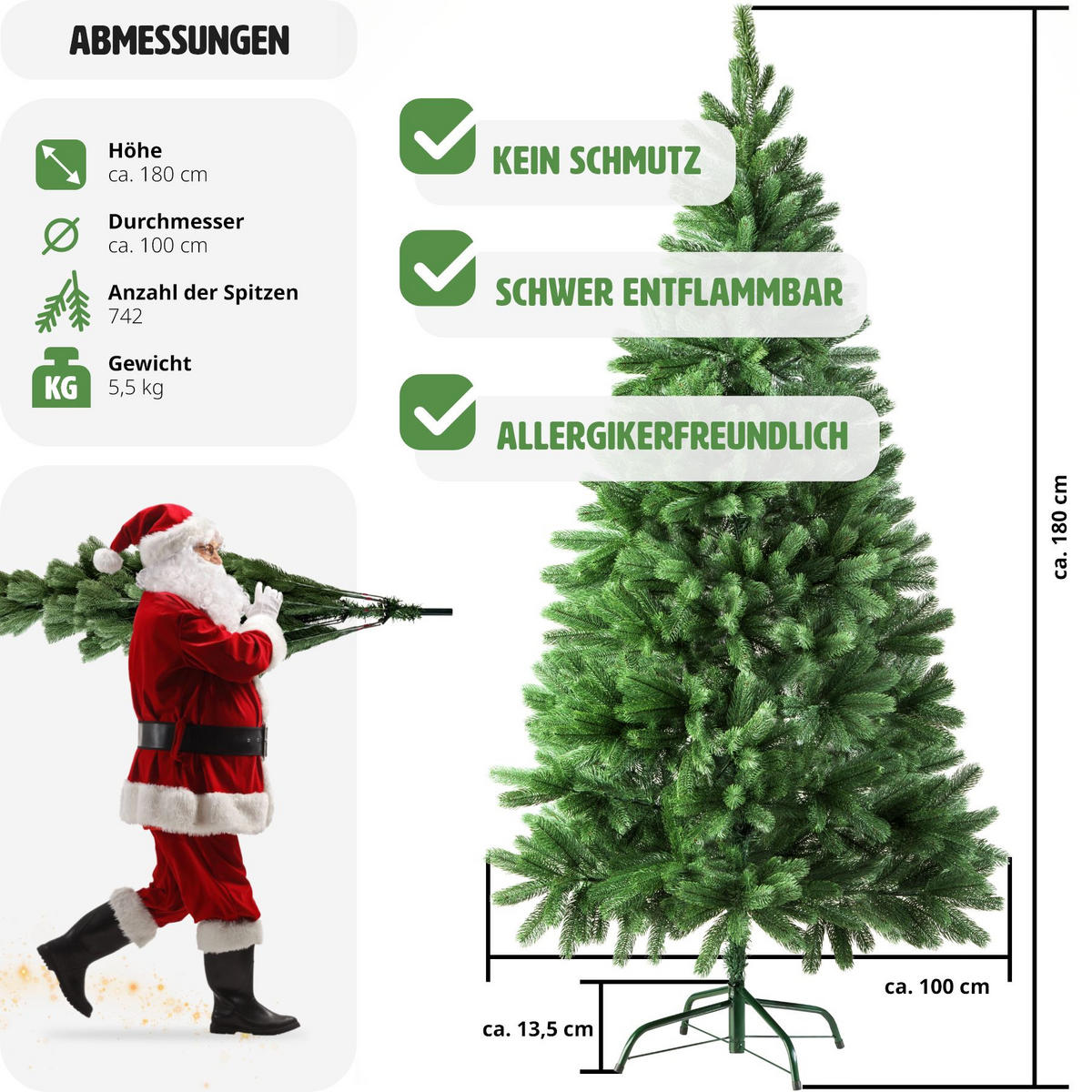 WEIHNACHTSBAUM ,inklusive Metallständer mit Kunststoffkappen,grün - Grün, Kunststoff (180cm) - tectake