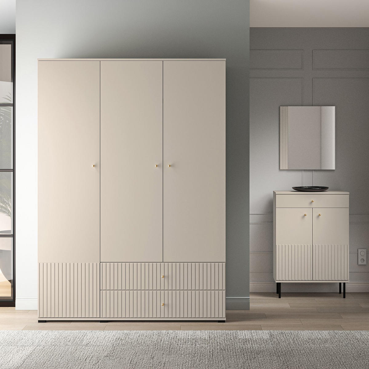 KLEIDERSCHRANK DROMA 3-Türig,Creme - Creme/Schwarz, Holzwerkstoff (150/210/55cm) - KONSIMO®