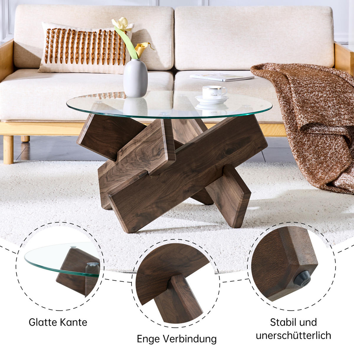 COUCHTISCH 79/45 cm transparent und Walnuss aus MDF und Glas mit Kreuzgestell - Klar, Holzwerkstoff (79/79/45cm) - OKMYHOME