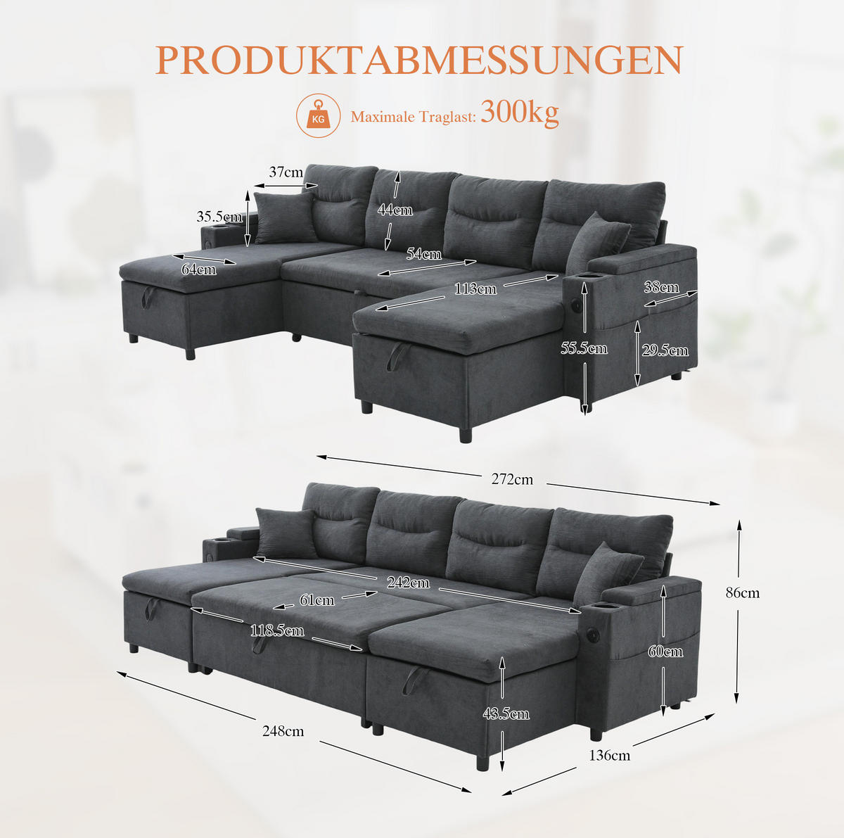 WOHNLANDSCHAFT Leinenstoff mit 2 Chaiselongues Stauraum und USB-Anschluss 272/136/86 cm Dunkelgrau - Dunkelgrau, Textil (136/86/272cm) - Redom
