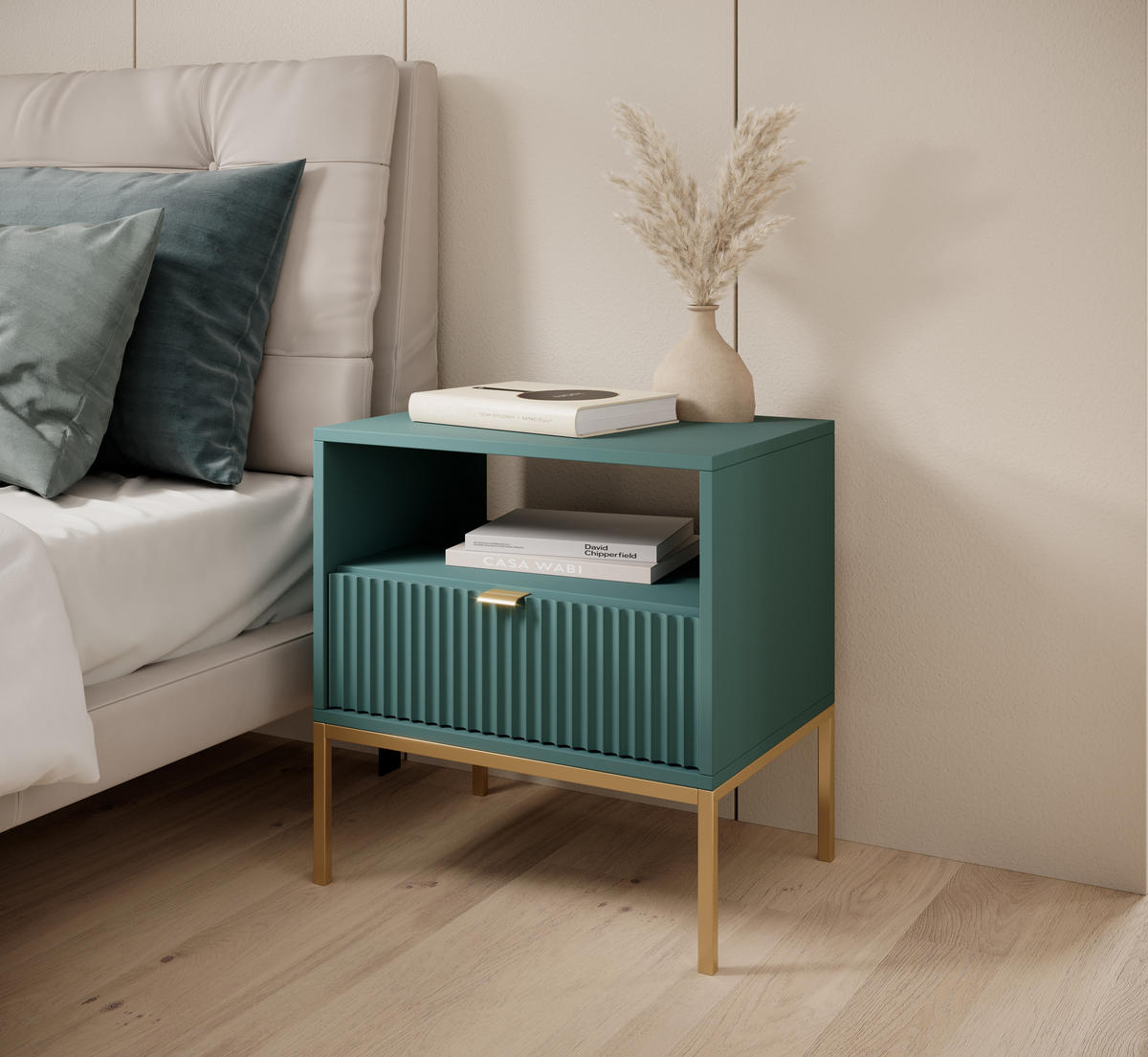 NACHTTISCH Nova - NOC, Geriffelte Front mit Goldenes Griffdesign 54x39x56 cm Lablador - Türkis/Goldfarben, Holzwerkstoff/Kunststoff (54/56/39cm) - DomoHome