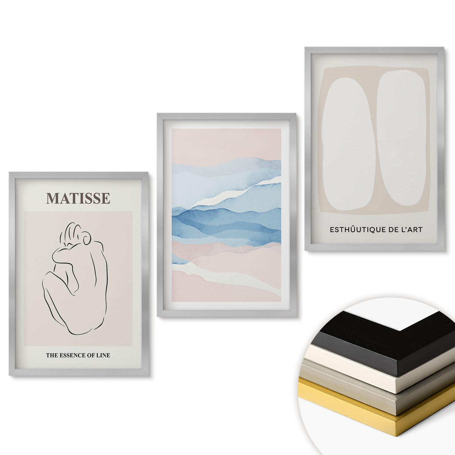 WANDBILDER 3er Set - 40x60 cm Silberner Rahmen - Matisses abstrakte Formen - Silberfarben, Kunststoff (40/60cm) - ArtPrintCave