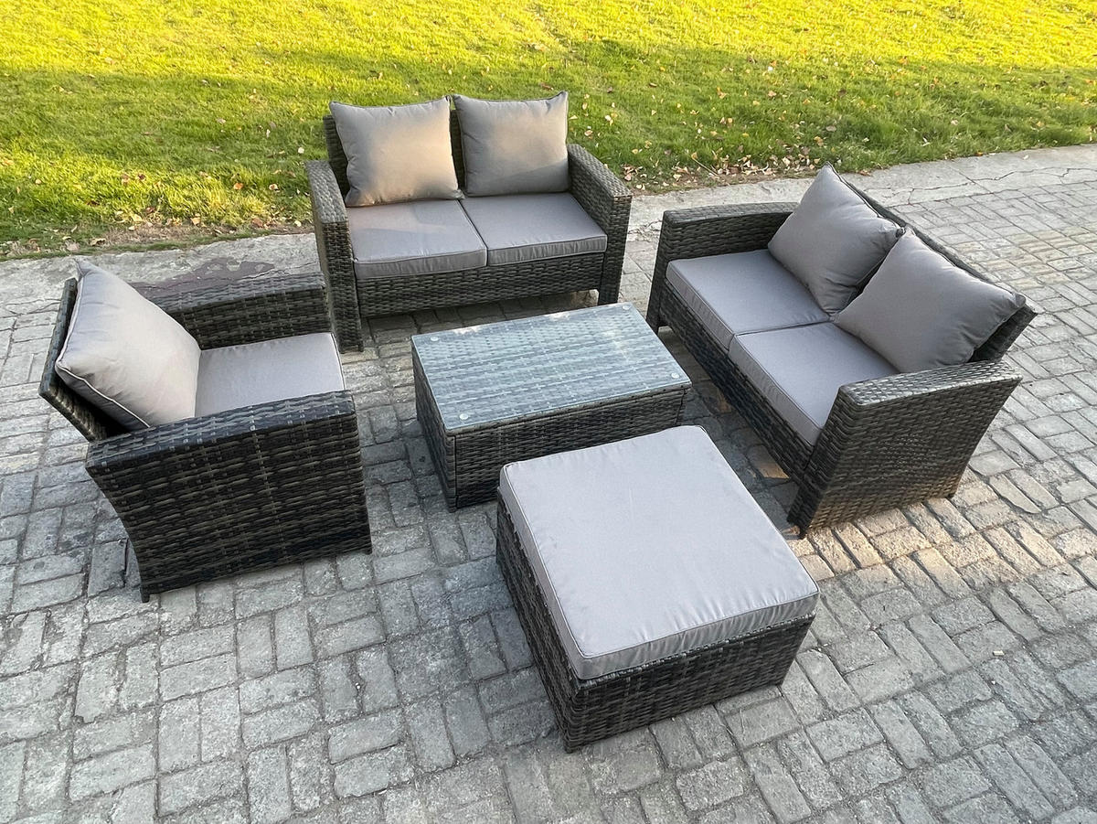 GARTENMÖBEL-SOFA SET COUCHTISCH DOPPELSITZ-SOFA STUHL HOCKER Polyrattan Dunkelgrau Gemischt 6-Sitzer - Dunkelgrau, Metall - Fimous