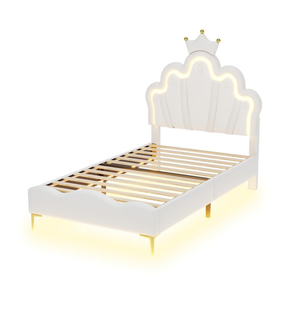 POSTEL 90/200 cm s LED osvětlením, korunkovým čelem a měkkým čalouněním, Bílá - bílá, plast (90/200cm) - Redom