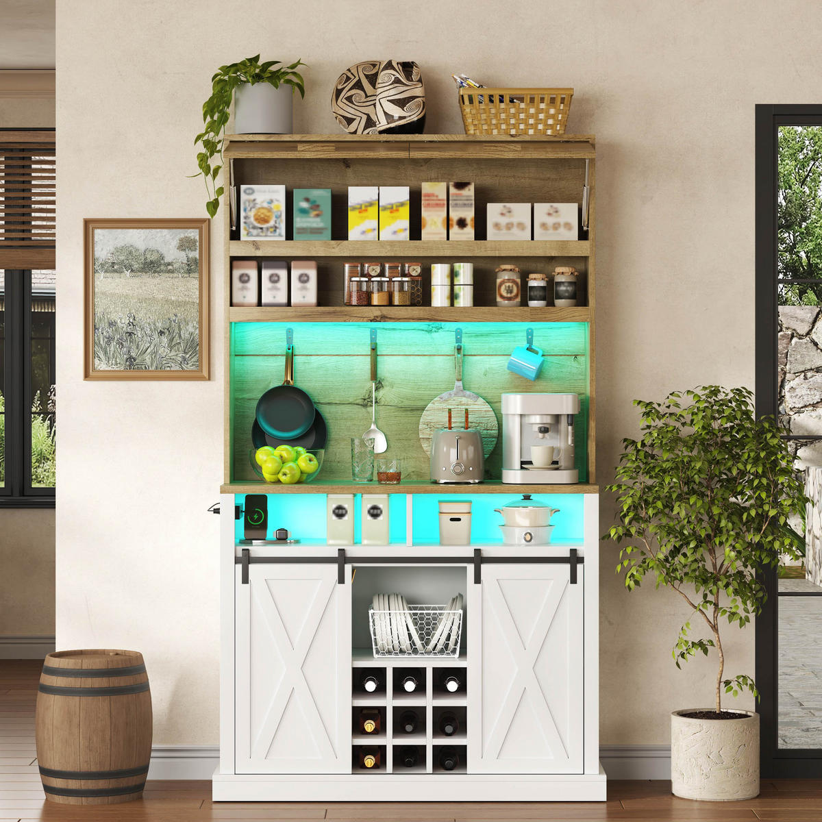 BUFFET 191 cm MDF Natur Weiß mit Vitrine, Weinregal und RGB-LED - Weiß, Holzwerkstoff (40/191/110cm) - Korfee