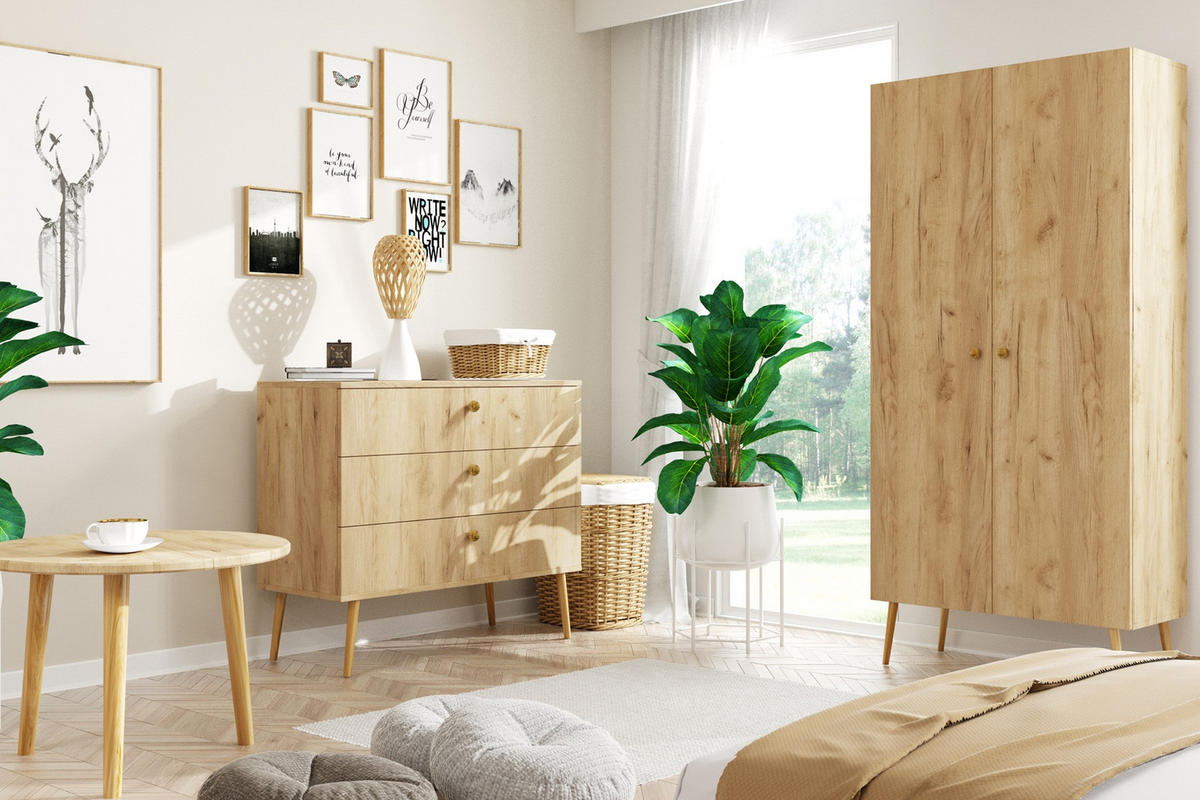 SCHRANK Golden Craft Eiche Boho Tief Mit 2 Regalen Und Kleiderstange - Multicolor, Holzwerkstoff (100/202/52cm) - Sepro Meble