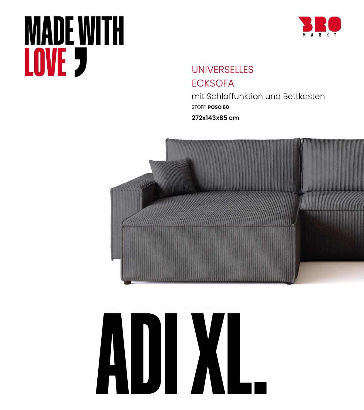 ECKSOFA ADI XL mit Schlaffunktion Grau Cord - Grau, Textil (272/143cm) - Bromarkt