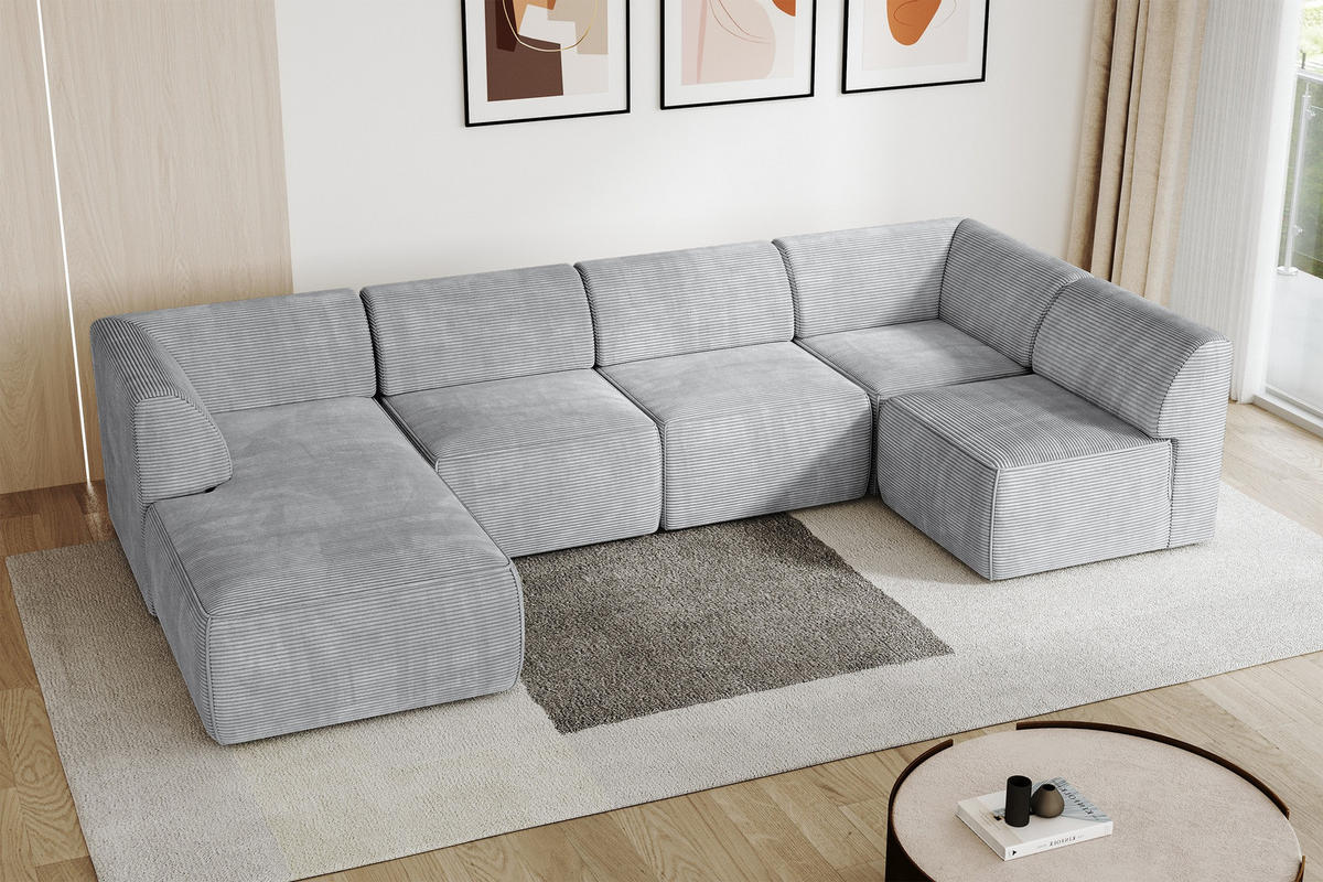 WOHNLANDSCHAFT Ottomane Links MOVA 345x180x78 Grau Cord - Schwarz/Alufarben, Holzwerkstoff/Kunststoff (180/78/345cm) - ALTDECOR