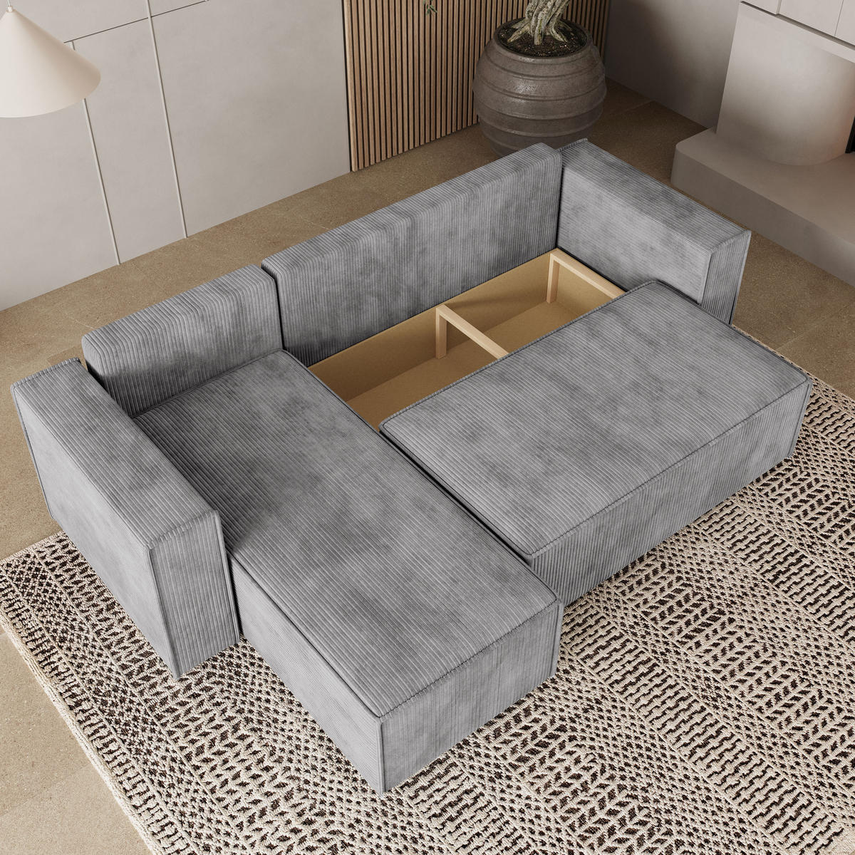 ROHOVÁ SEDAČKA RAVELO světle šedá - šedá/světle šedá, dřevo/textil (240/140cm) - MASSENO