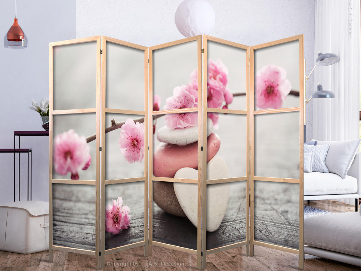 PARAVENT Japanischer 5-tlg 225x172 cm Blumen mit Steinen - Multicolor, Holz/Textil (225/172/3cm) - Muralo
