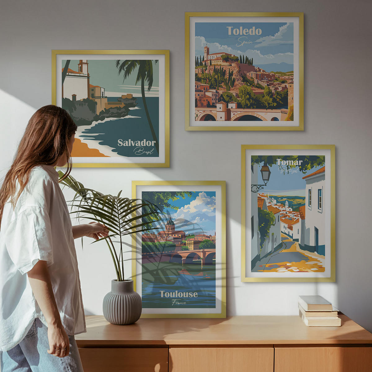 WANDBILDER 4er Set - 50x50 cm & 40x60 cm Goldrahmen - Retro-Stadtgrafiken - Goldfarben, Kunststoff (50/50cm) - ArtPrintCave