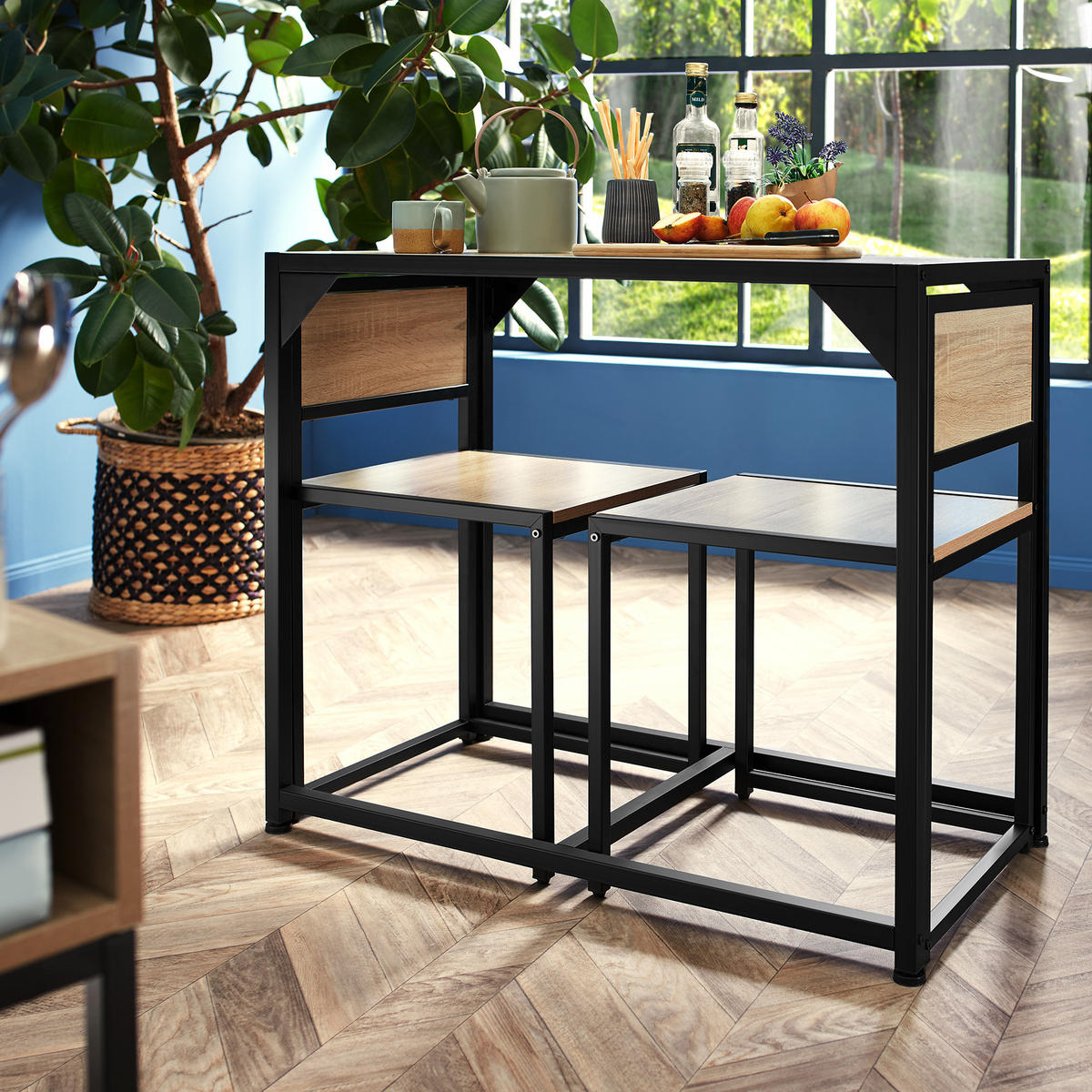 SITZGRUPPE Milton,mit höhenverstellbaren Kunststofffüßen,Industrial Holz dunkel, rustikal - Rostfarben, Holzwerkstoff (48/77/91cm) - tectake