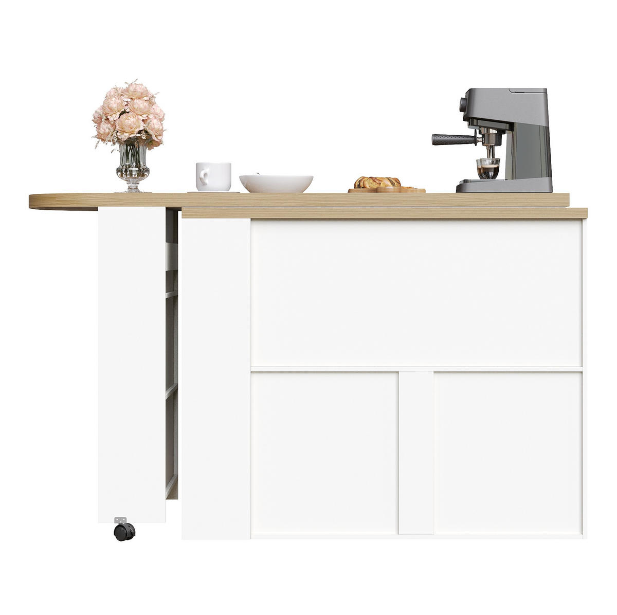 BAROVÝ stůl z MDF 135-205x39x100 cm bílý, rozkládací, pojízdný s LED, USB a úložným prostorem - bílá, kompozitní dřevo (205/100/39cm) - Modfu