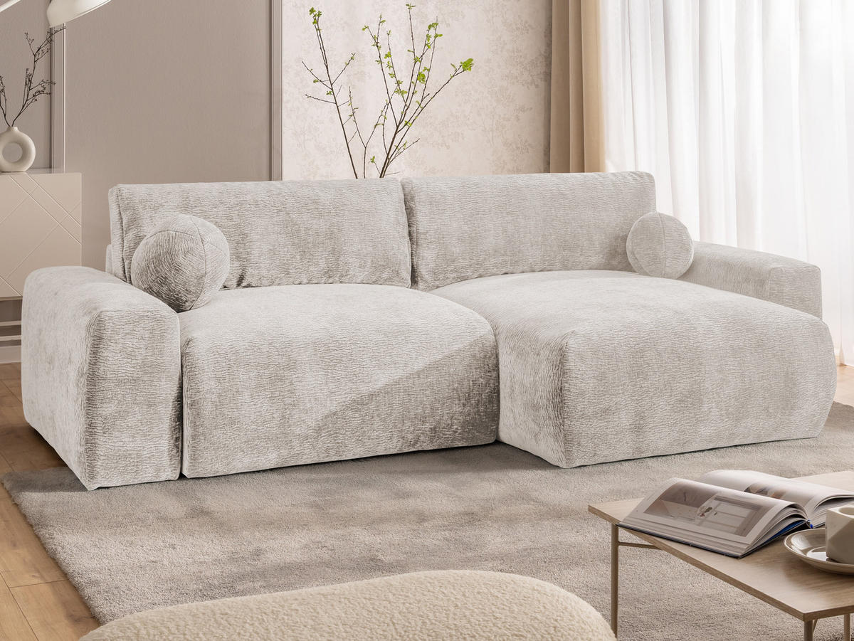 ECKSOFA Puffy mit Schlaffunktion und Bettkasten - besonders weich und puffig aus Beige Stoff mit Chenillestruktur - Ottomane rechts - Beige/Schwarz, Holz/Kunststoff (266/138cm) - S-Style Möbel