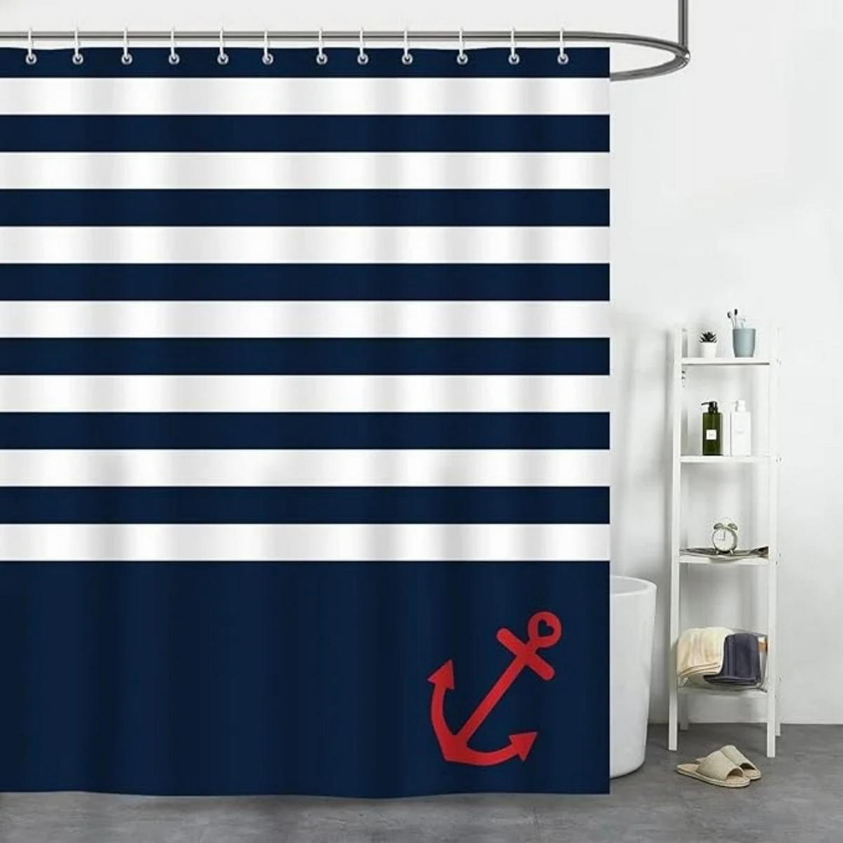 DUSCHVORHANG Blau nautisch Streifen Anker Polyester schimmelresistent wasserdicht Badezimmer - Blau, Textil (180/180cm) - MCBOSON