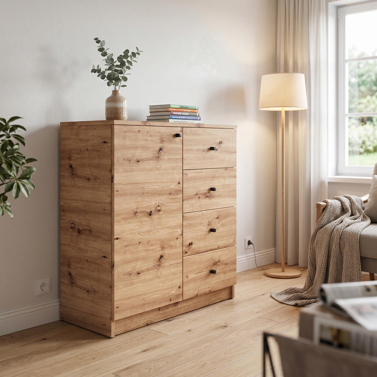KOMMODE NATURIO 80/87/40cm mit 4 Schubladen 1 Türen Eiche Artisan - Eiche Artisan, Holzwerkstoff (80/87/40cm) - MASSENO