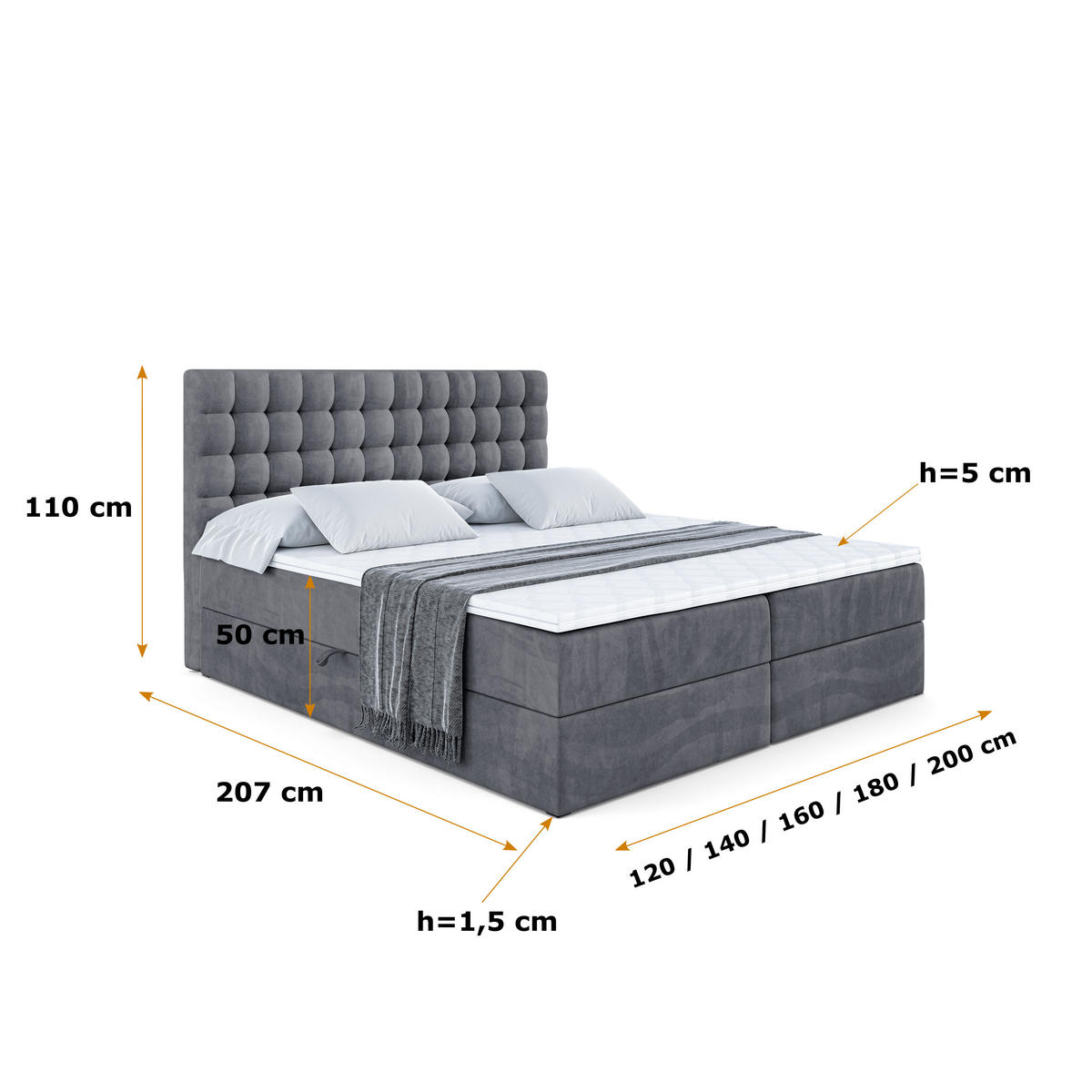 BOXBETT mit H3-Matratze und Lattenrost - VIONE - 180x200 Dunkelgrau - Dunkelgrau, Holzwerkstoff (180/200cm) - ALTDECOR