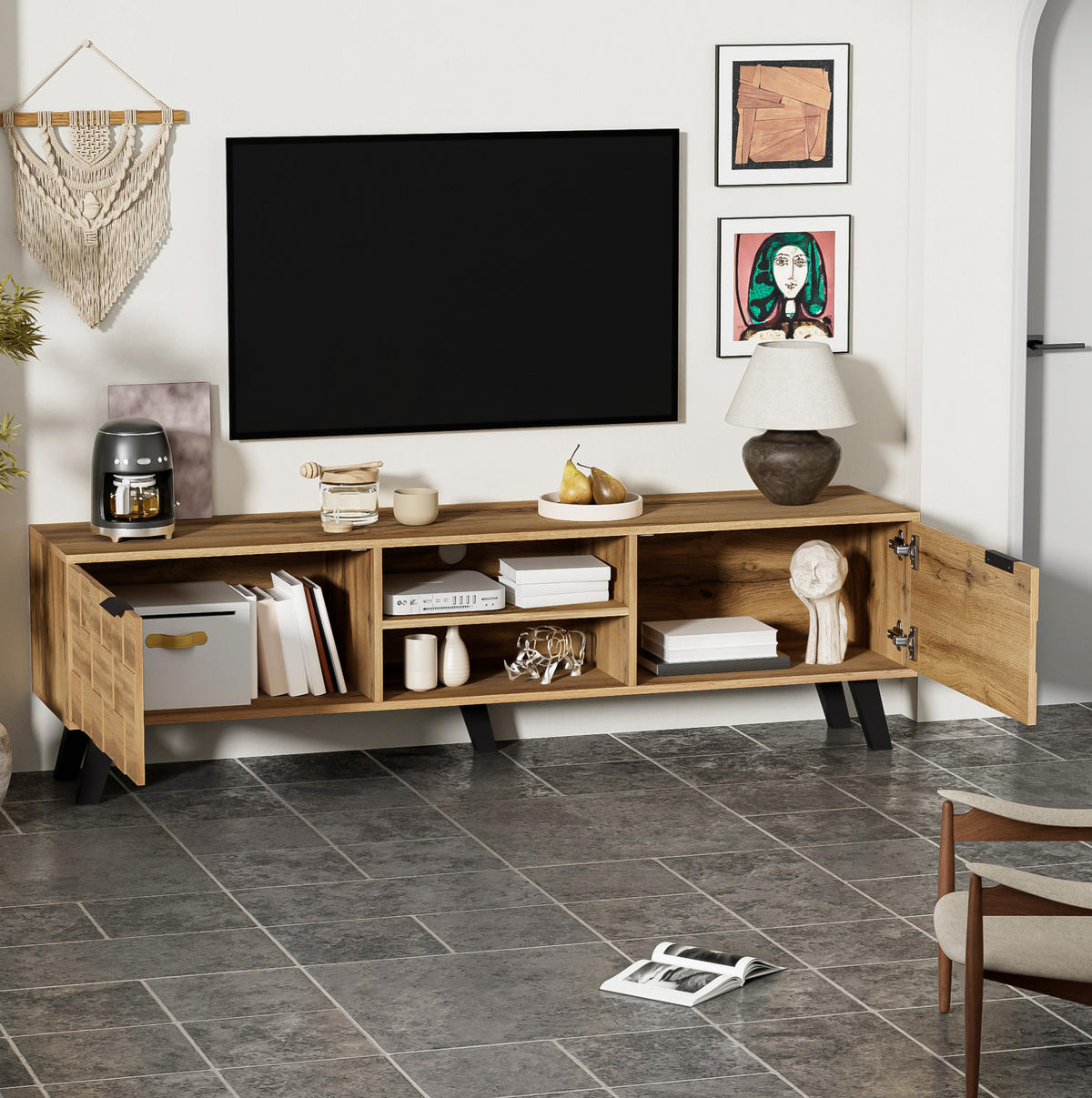 TV-SCHRANK in Holzoptik mit Türen und offenen Fächern 160.5/35.5/45 cm - Eichefarben, Holzwerkstoff (160.5/45/35.5cm) - Redom