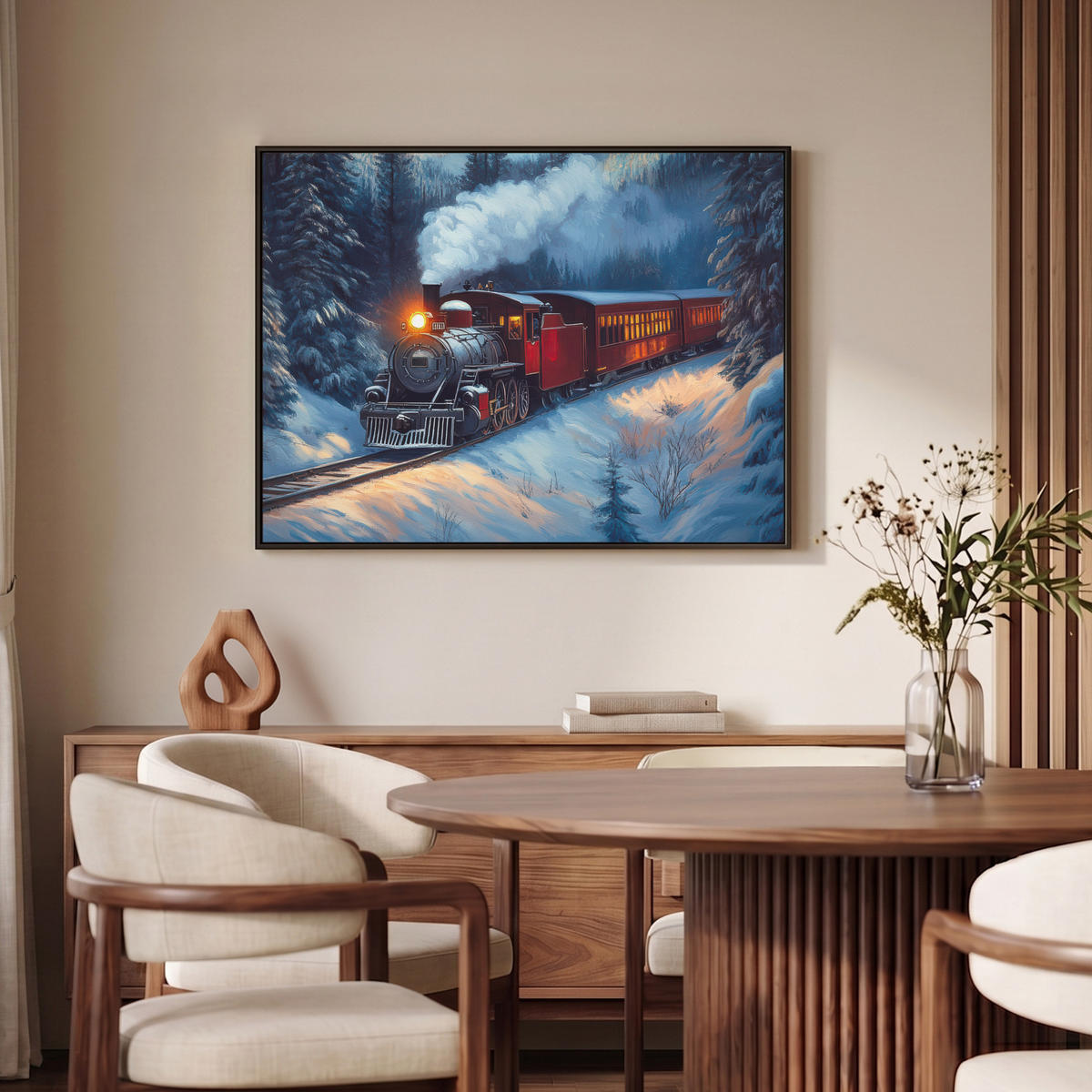 LEINWAND Bilder mit Rahmen - Zug - Weihnachten - Schnee - Weihnachtszug - 100x70 - Anthrazit, Textil (100/70cm) - MuchoWow