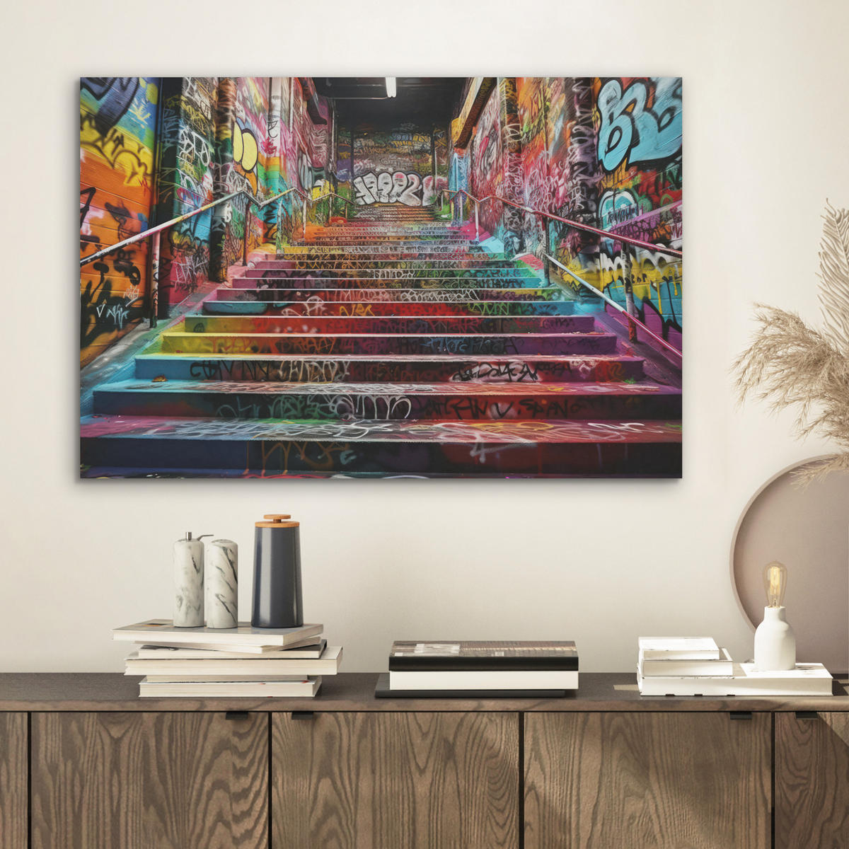 AKUSTIKBILD Treppe - Graffiti - Farben - Kunst Wanddeko 70x50 cm - Multicolor, Kunststoff (70/50/0.9cm) - MuchoWow