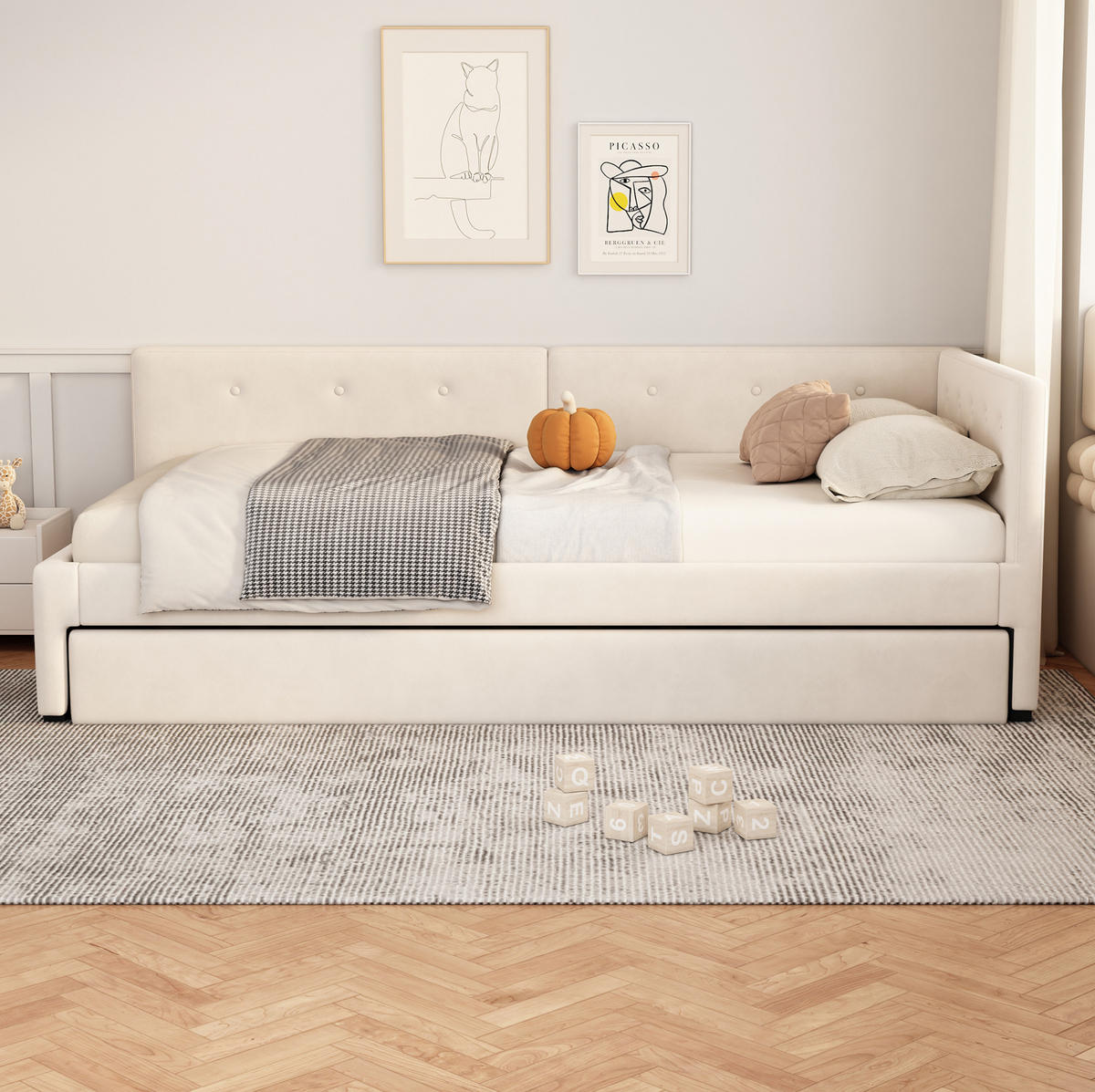 AUSZIEHBETT 90/200 cm in Beige mit Rollbett und Samtbezug - Beige, Textil (90/200cm) - Flora Grace