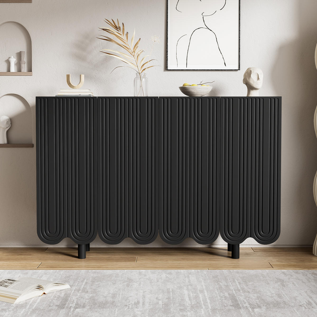 KUCHYŇSKÁ SKŘÍŇ černá, kapkovitý design, tvarovaná dvířka, do obývacího pokoje a jídelny, 120×37,5×80,8 cm - černá, kov/kompozitní dřevo (120/80.8/37.5cm) - STILVORA