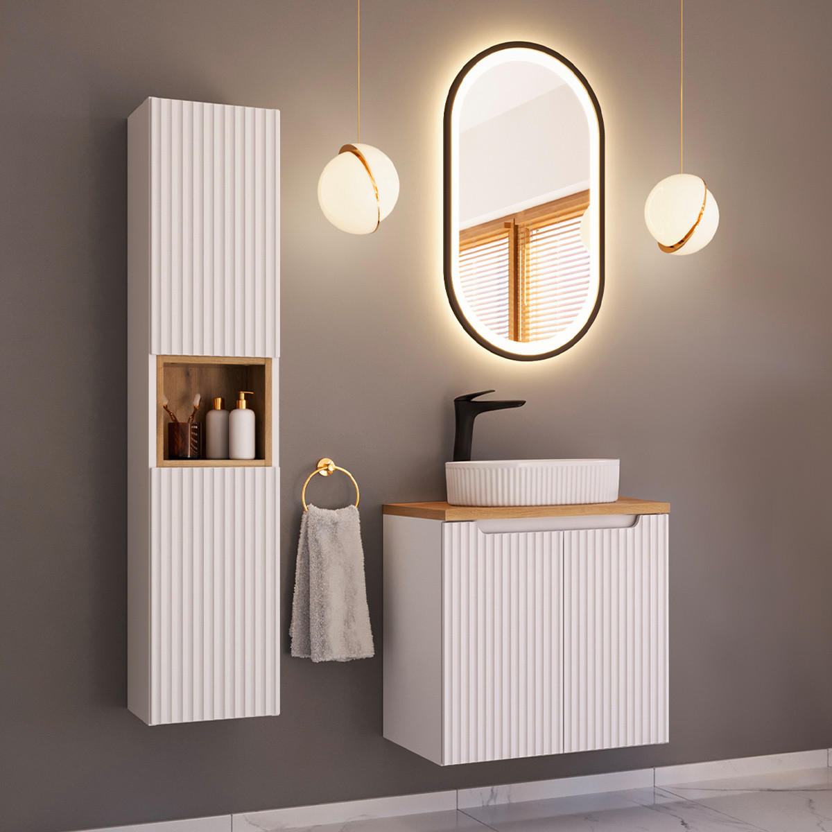 KOUPELNOVÝ NÁBYTEK 60cm Riva 2er-Set Bílá a dřevo - bílá, kompozitní dřevo (60/57/40cm) - Petits-meubles