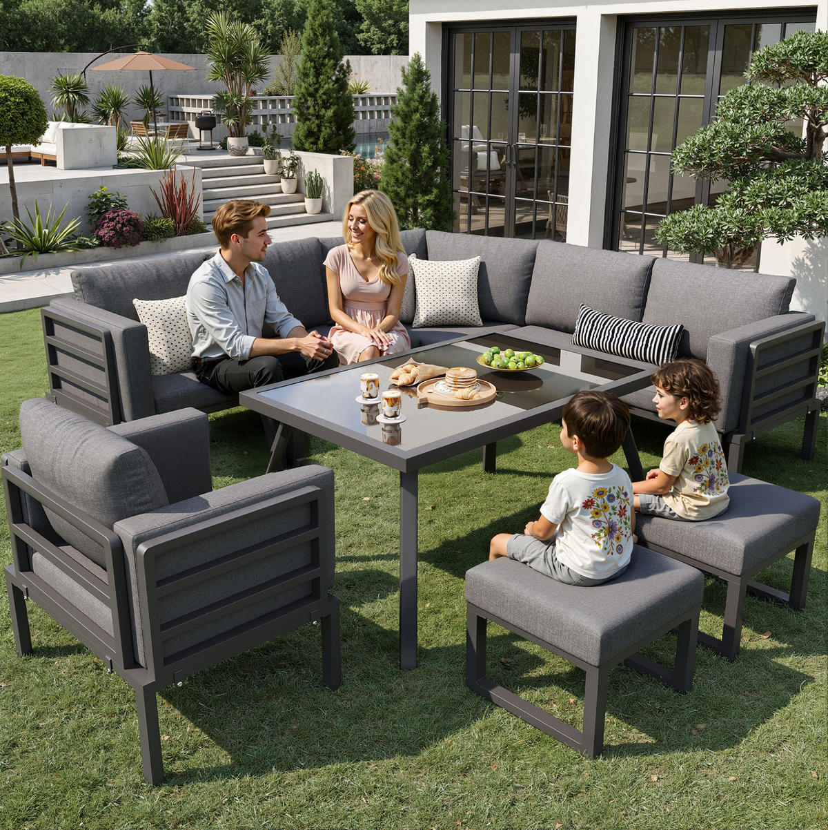 GARTENLOUNGE-SET mit Stahlrahmen & Glastisch, 3 Sofas, Sessel, 2 Hocker, 114/60/77 cm, Grau - Grau, Metall - Redom