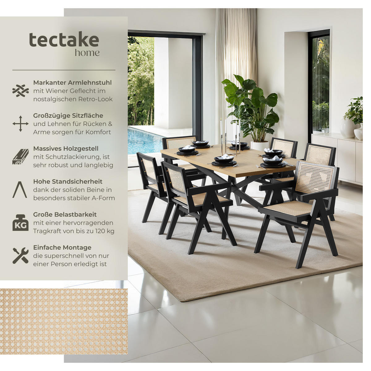 ARMLEHNSTUHL 4er Set Lissy,59 x 56,5 x 82,5 cm, Belastbarkeit 120 kg,schwarz - Schwarz, Holz (59.5/82.5/56.5cm) - tectake