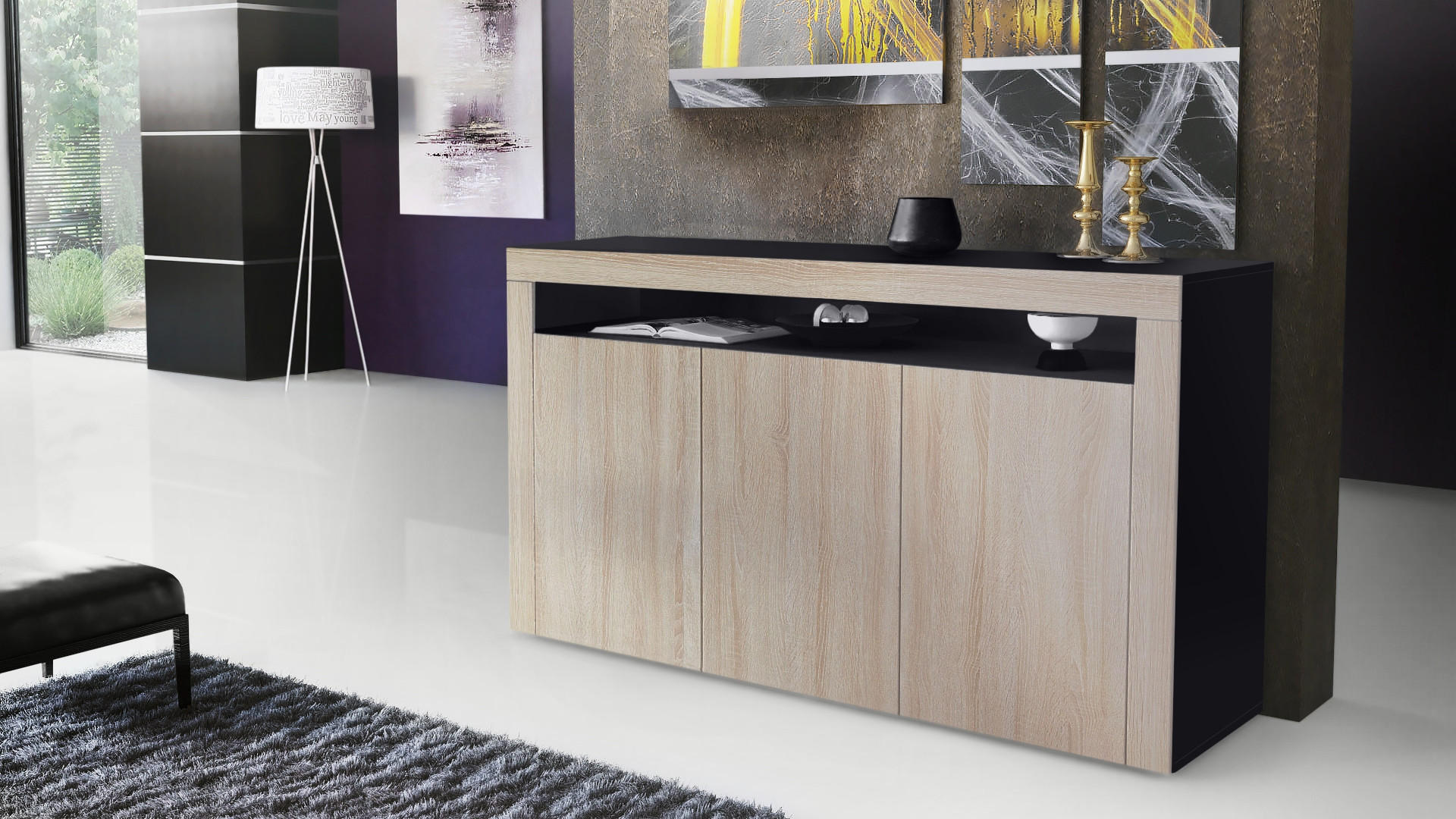 SIDEBOARD Valencia Eiche sägerau / Eiche sägerau - Eiche San Remo, Holzwerkstoff (155/92/40cm) - Vladon