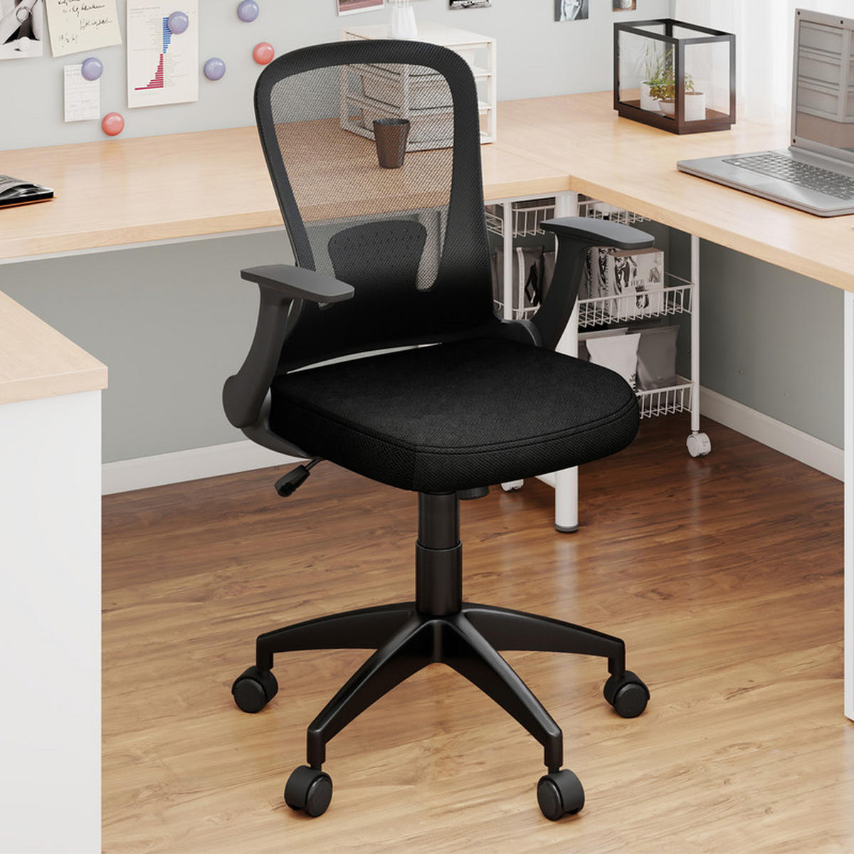BÜROSTUHL mit hochklappbaren Armlehnen und Lendenwirbelstütze schwarz - Schwarz, Kunststoff (62/94/54cm) - COSTWAY