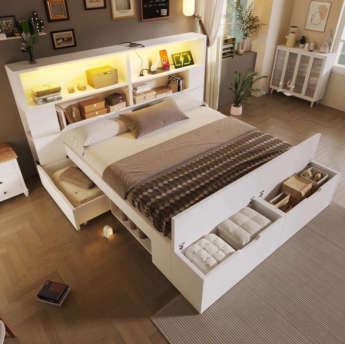 BETT 140/200 cm in Weiß – inkl. Lattenrost, Stauraum, LED und USB - Weiß, Holzwerkstoff (140/200cm) - BEAOK