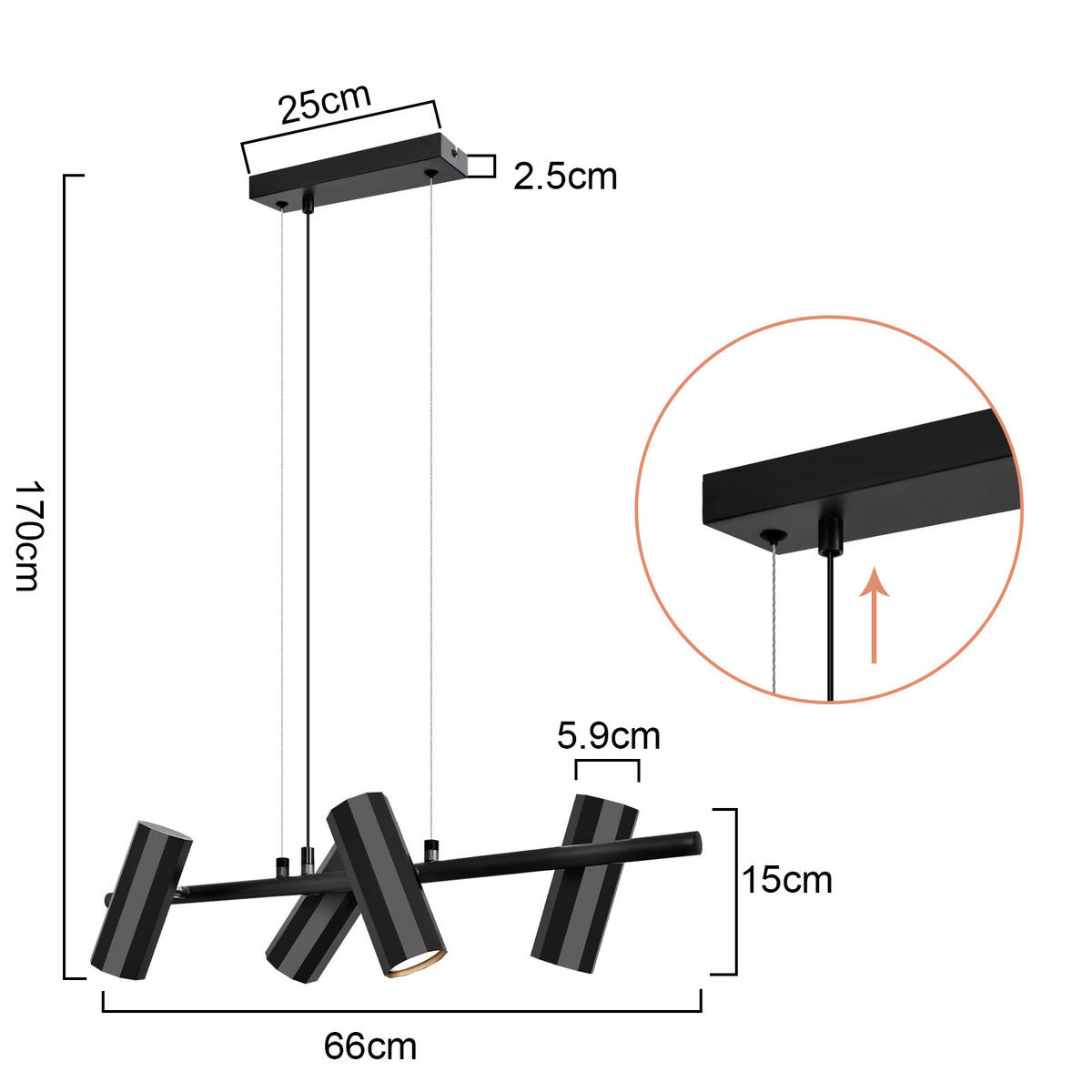 PENDELLEUCHTE Evangeline 65/15/15 cm - Schwarz, Metall (65/15/15cm) - ZMH