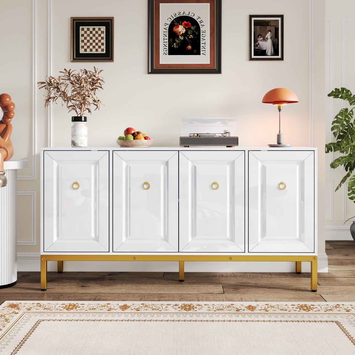 SIDEBOARD in Hochglanz Weiß mit goldenen Metallbeinen und eleganten Ringgriffen, 140/40/80 cm, Weiß/Gold - Weiß, Holzwerkstoff (140/80/40cm) - Redom