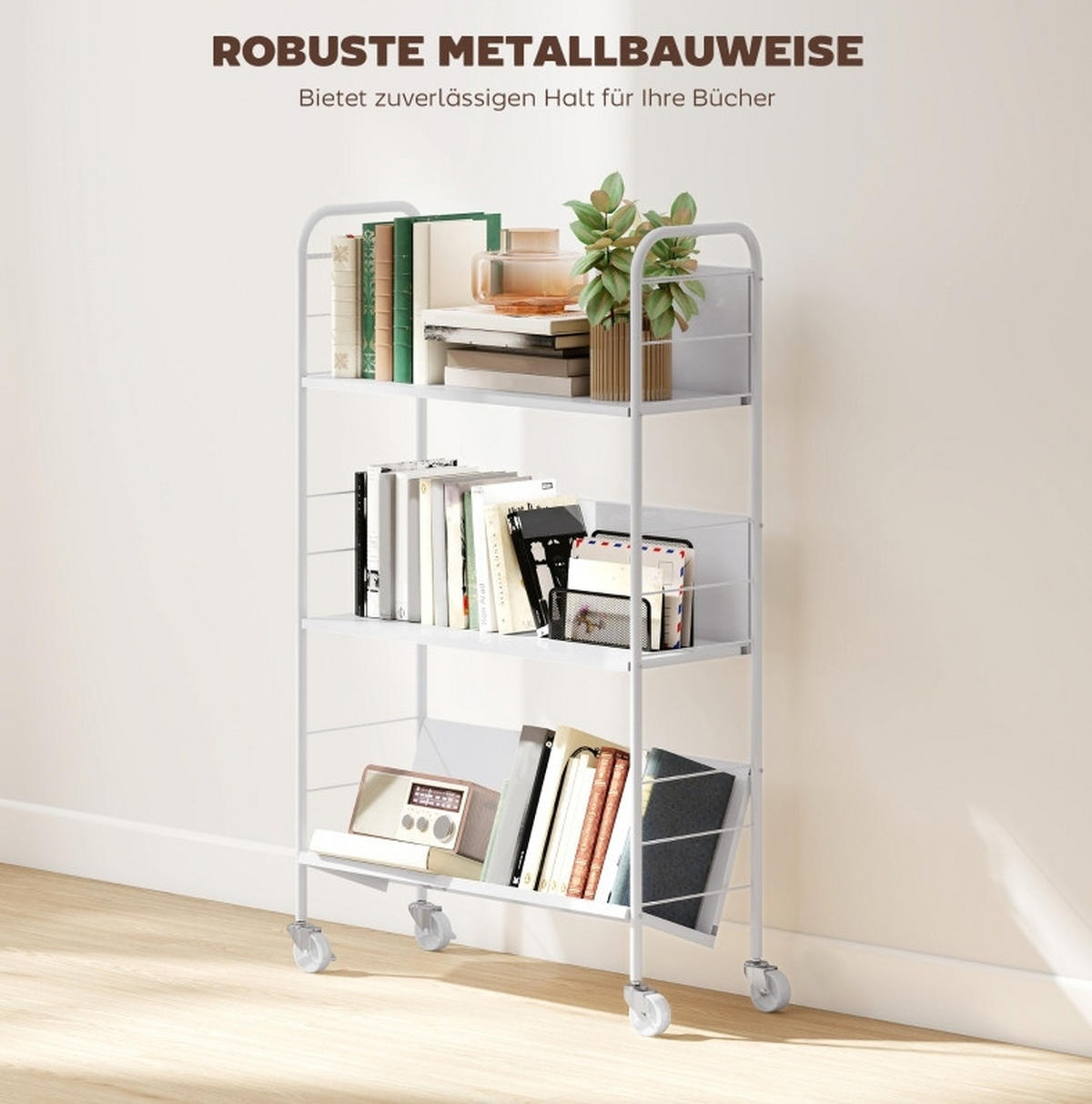 BÜCHERREGAL 69/26/108 cm, 3 Ebenen, aus Metall, mit Rollen, Weiß - Weiß, Metall (69/108/26cm) - BEAOK