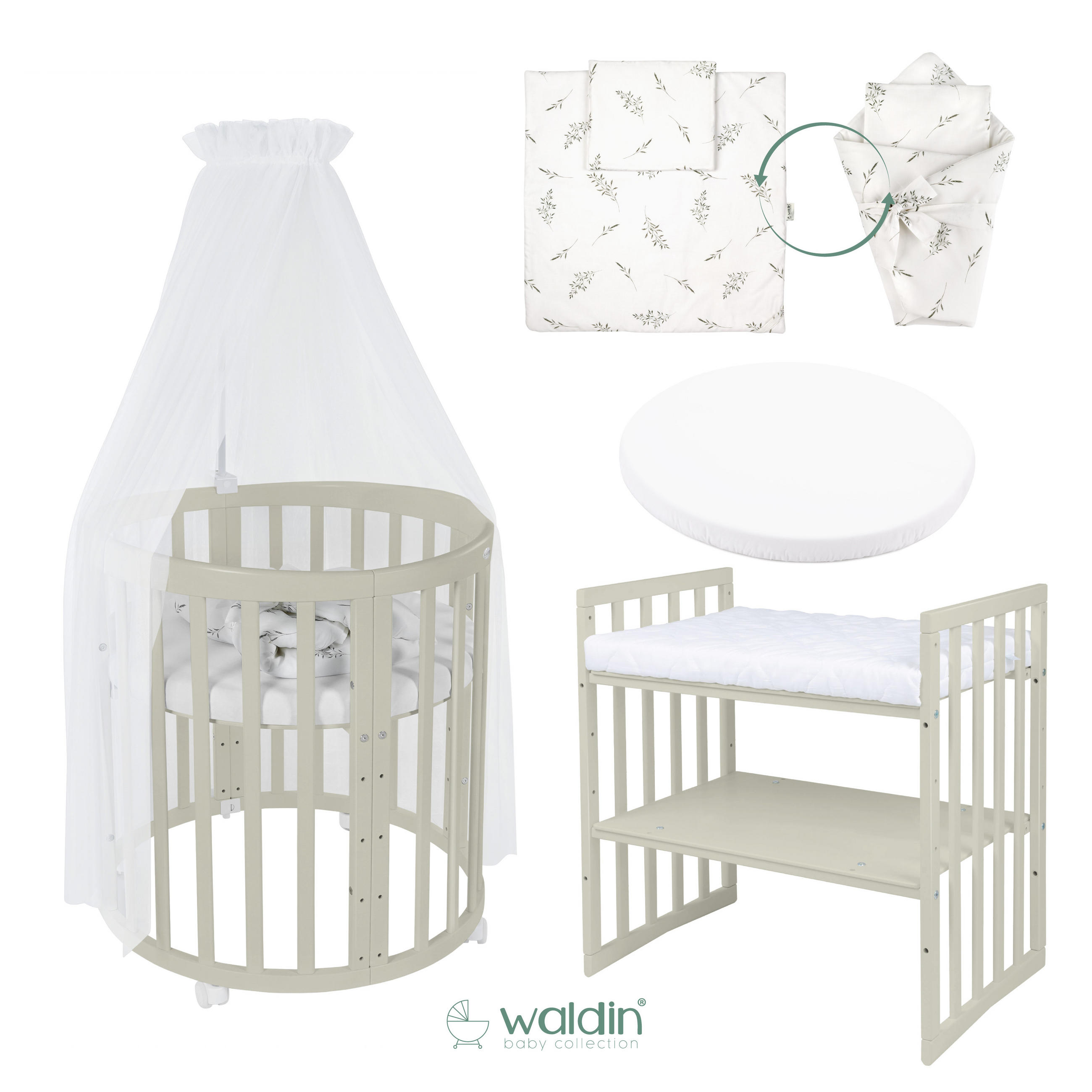 BABYBETT OLIVE OVAL 7in1 mit Matratze und Himmelset - Olivgrün/Weiß, Holz/Textil