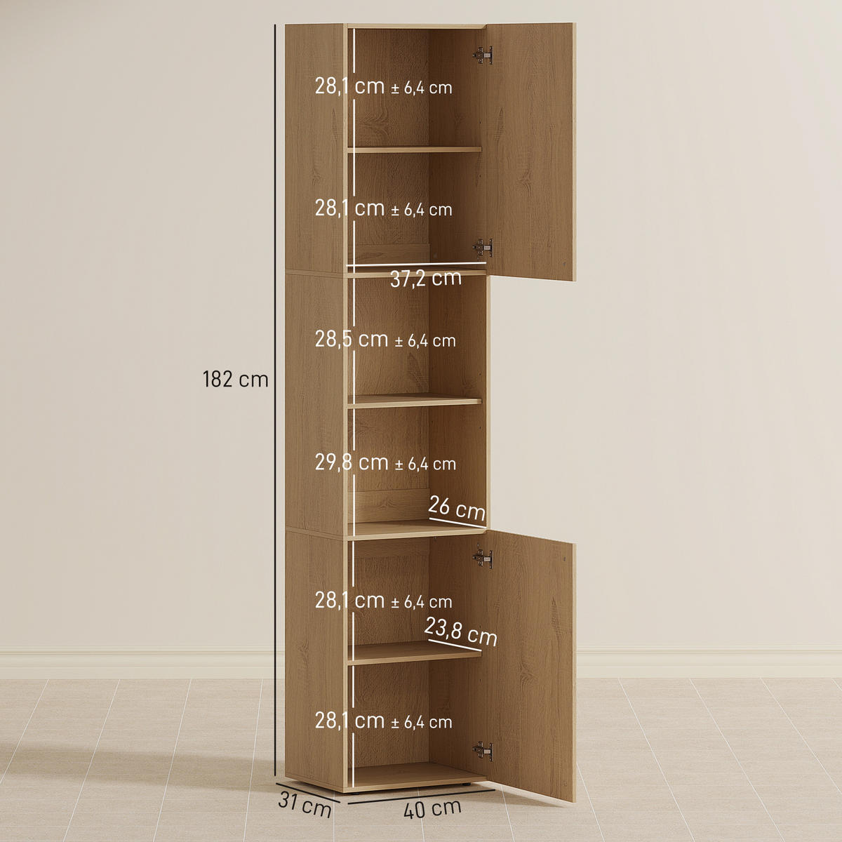 BADEZIMMERSCHRANK hoch schmal mit 2 Türen Verstellbaren Ablagen offenen Fächern - Eichefarben/Schwarz, Holzwerkstoff/Kunststoff (31/182/40cm) - HOMCOM